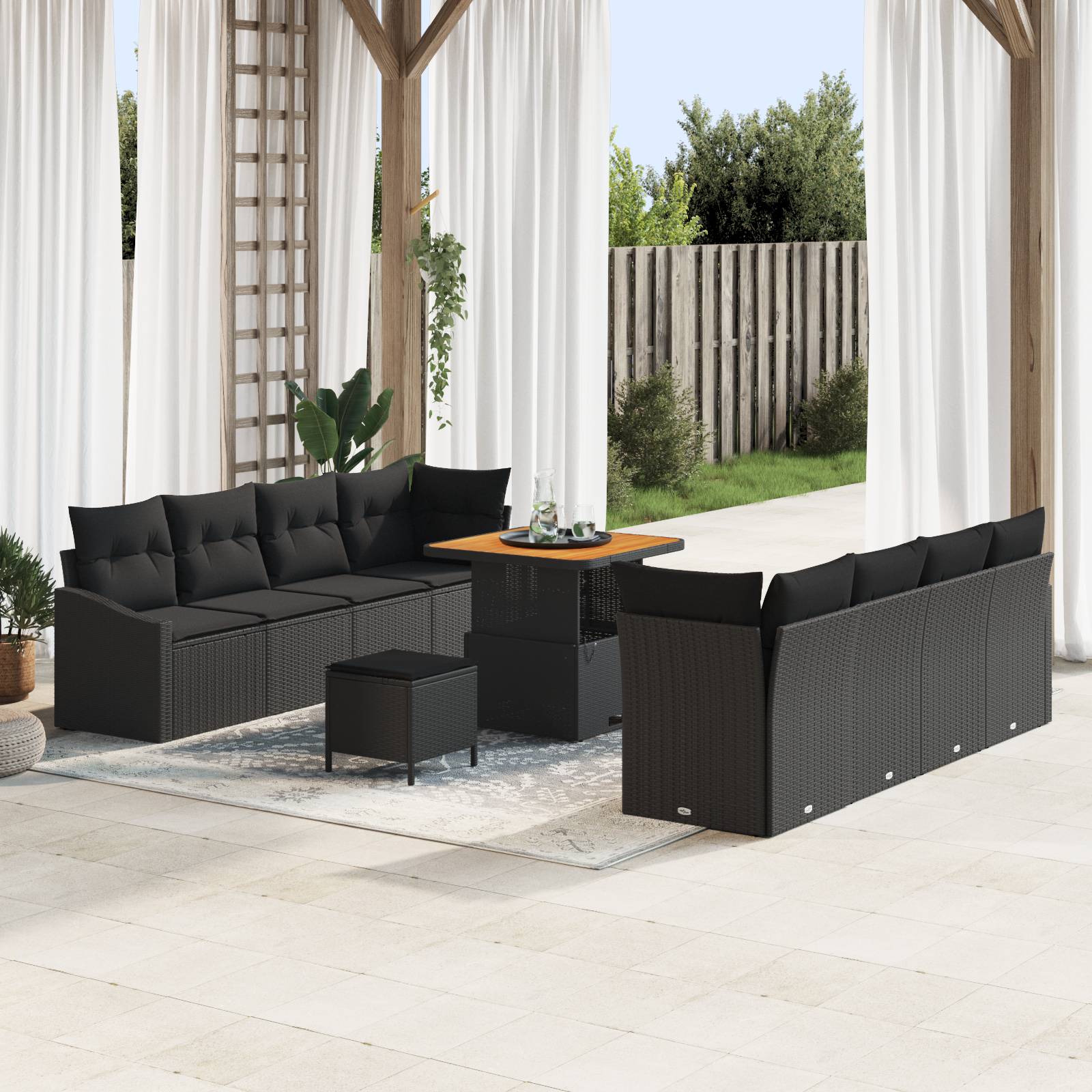 vidaXL 11-tlg. Garten-Sofagarnitur mit Kissen Schwarz Poly Rattan