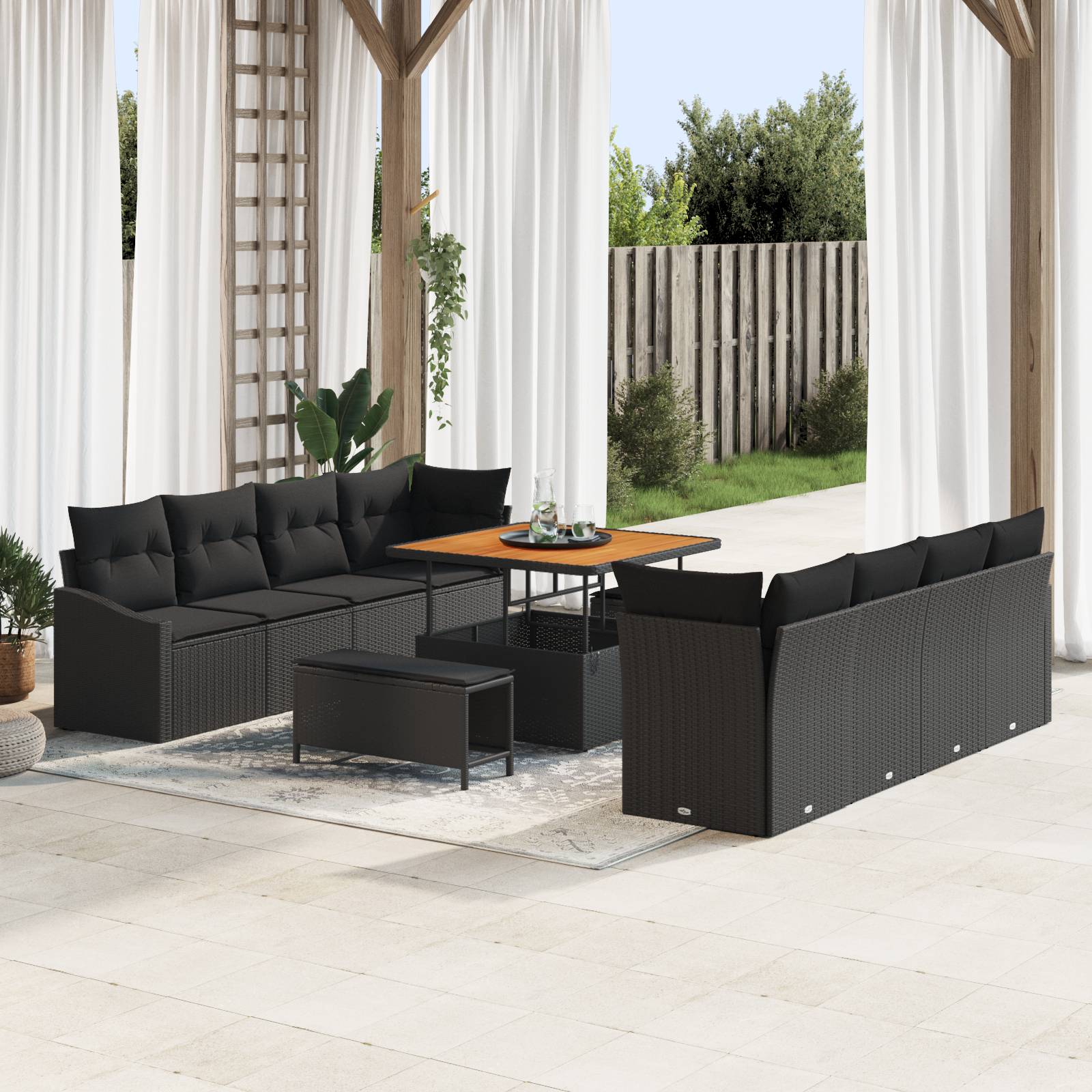 vidaXL 11-teiliges Garten-Sofa-Set mit Kissen Schwarz Poly Rattan Akazie
