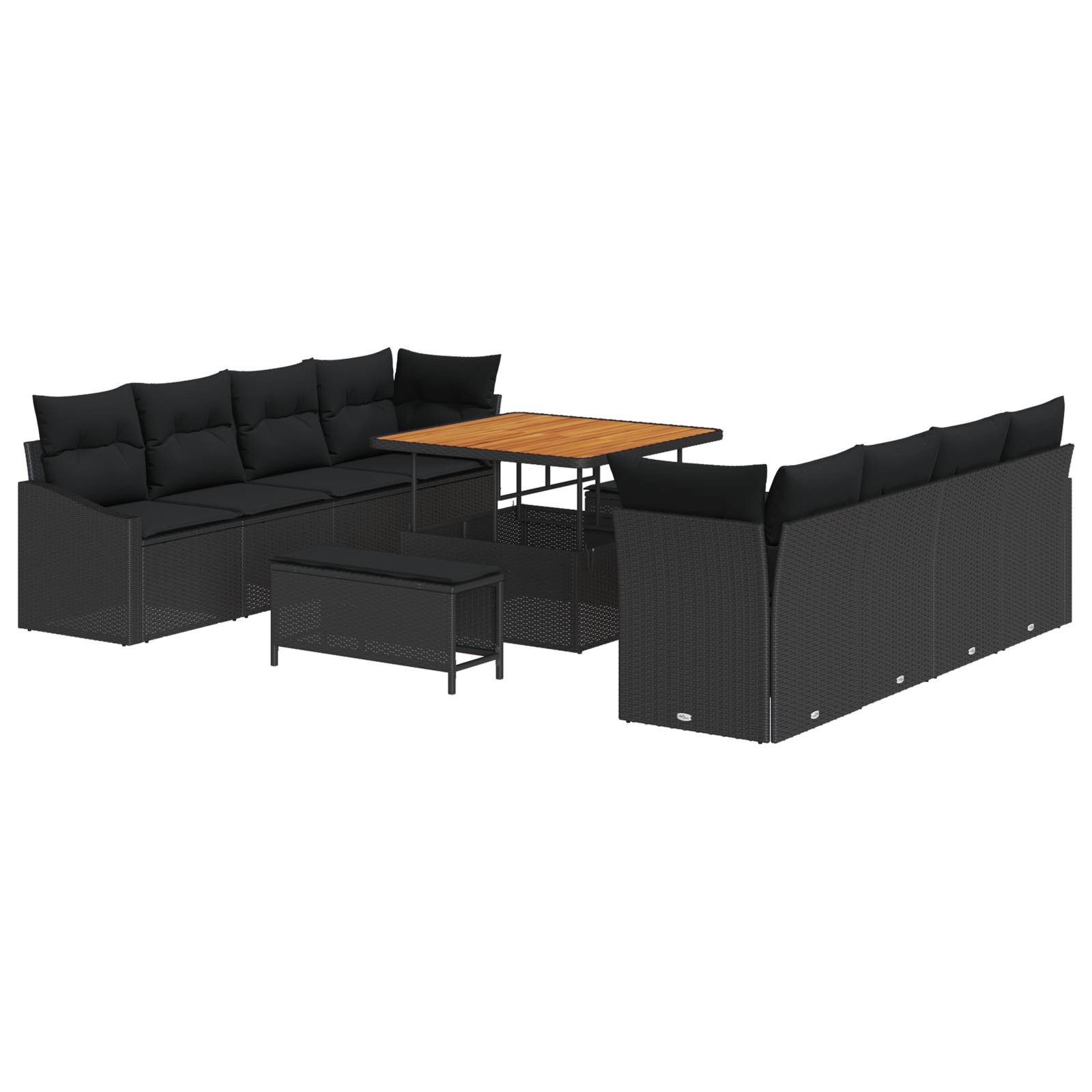 vidaXL 11-teiliges Garten-Sofa-Set mit Kissen Schwarz Poly Rattan Akazie