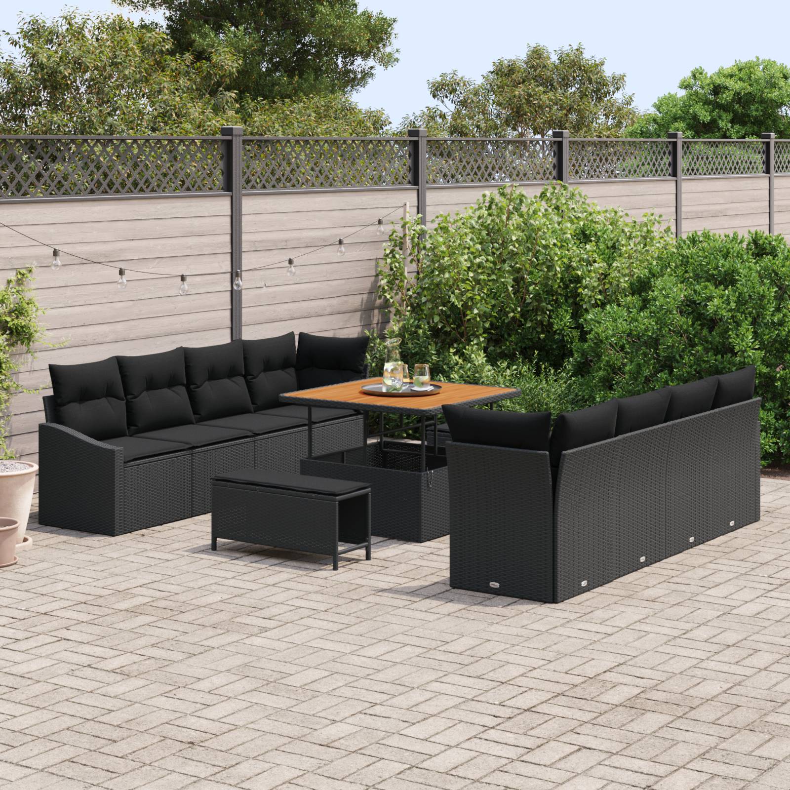 vidaXL 11-teiliges Garten-Sofa-Set mit Kissen Schwarz Poly Rattan Akazie