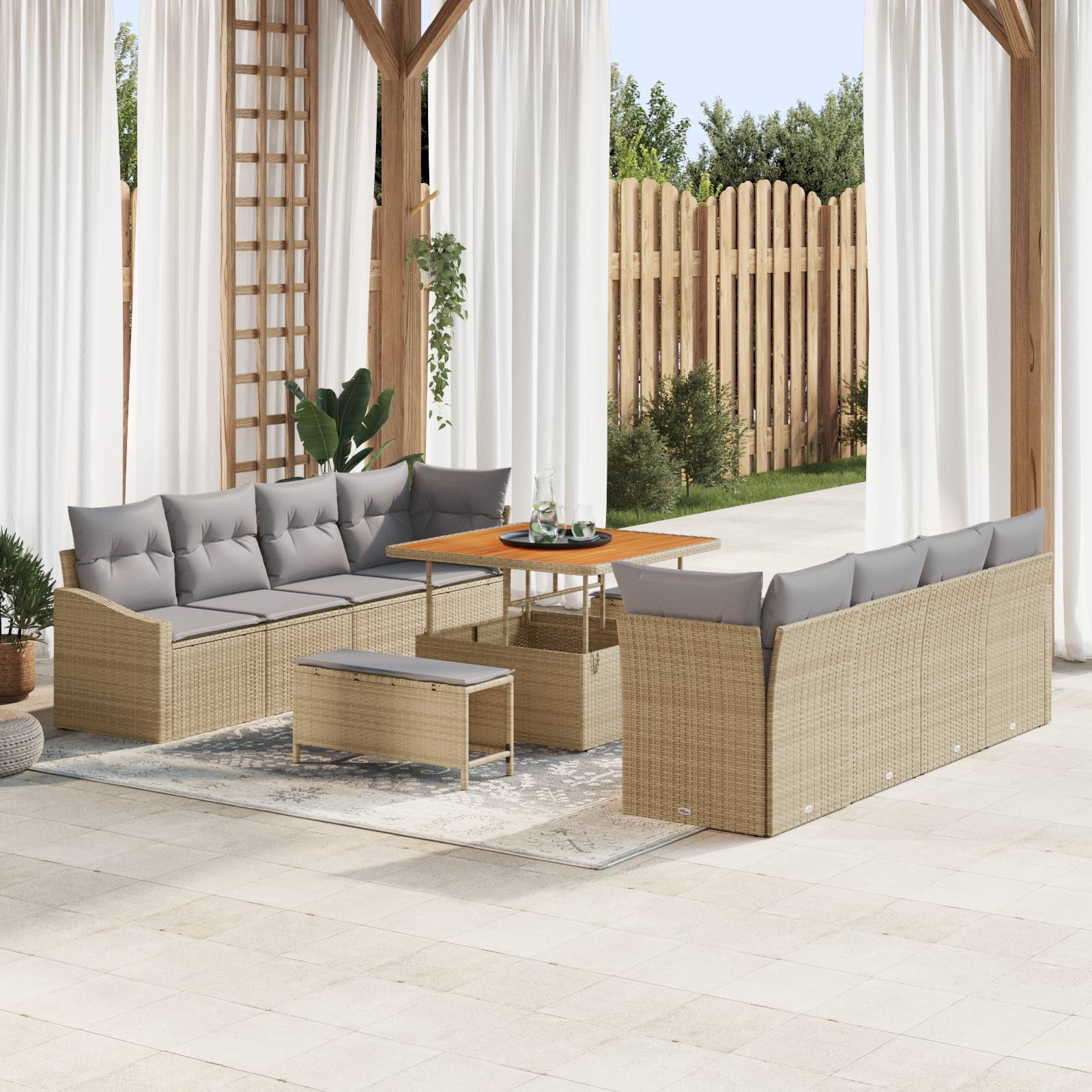 vidaXL 11-tlg. Garten-Sofagarnitur mit Kissen Beige Poly Rattan Akazie
