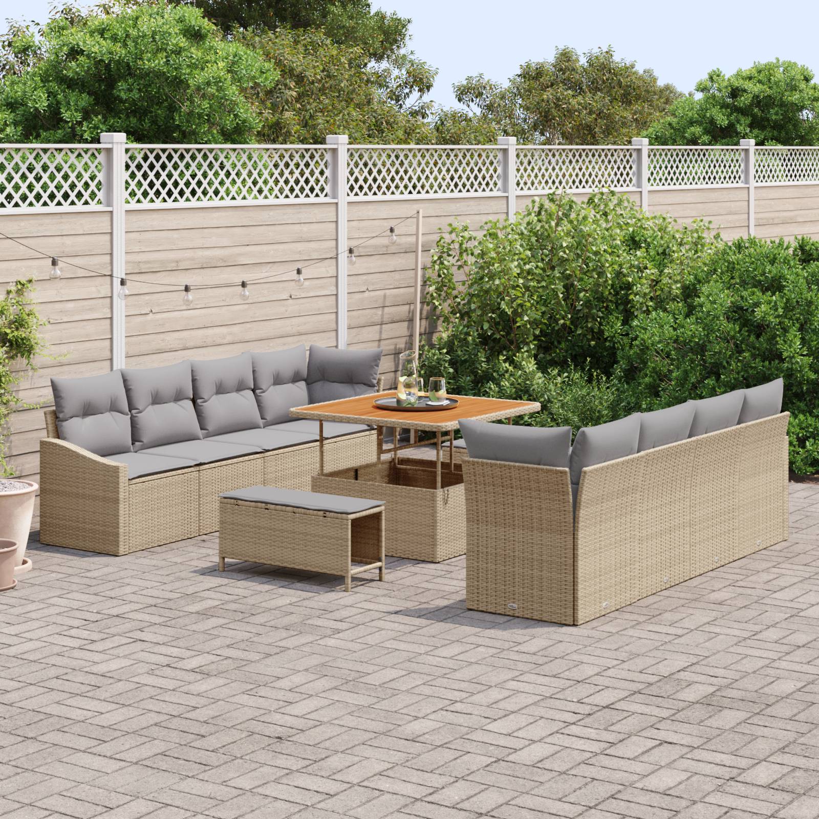 vidaXL 11-tlg. Garten-Sofagarnitur mit Kissen Beige Poly Rattan Akazie