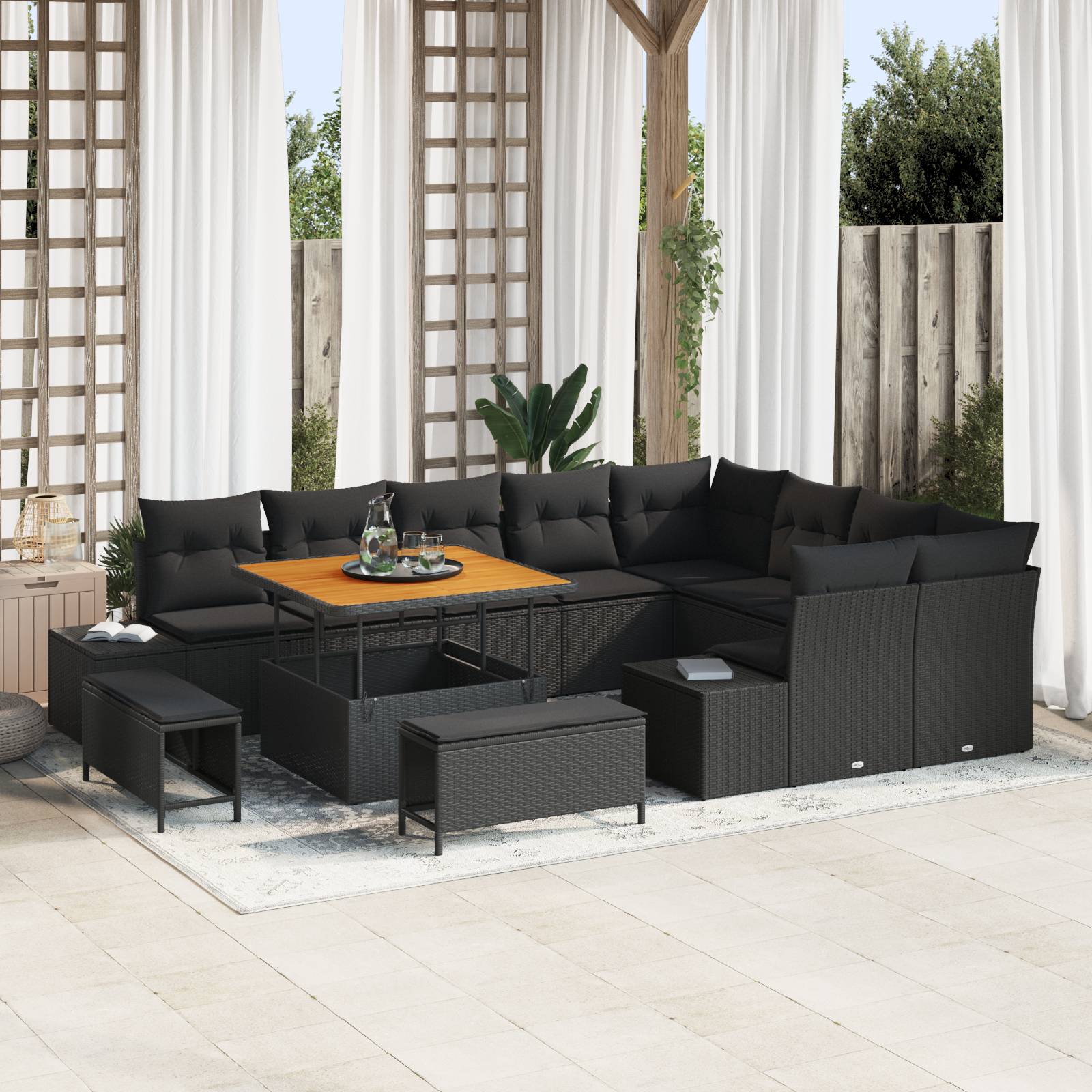 vidaXL 12-teiliges Garten Sofa Set mit Kissen Schwarz Poly Rattan Akazie