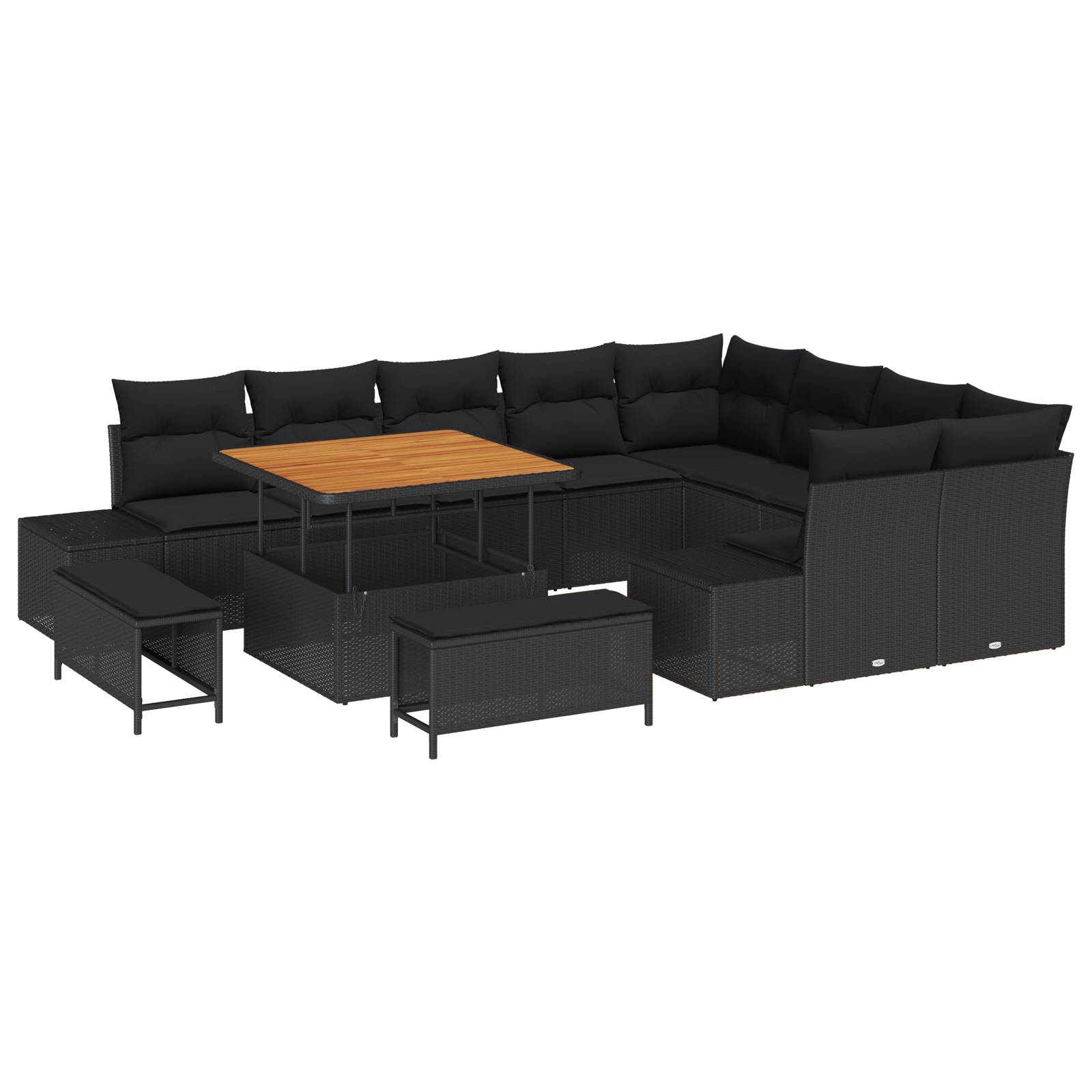 vidaXL 12-teiliges Garten Sofa Set mit Kissen Schwarz Poly Rattan Akazie