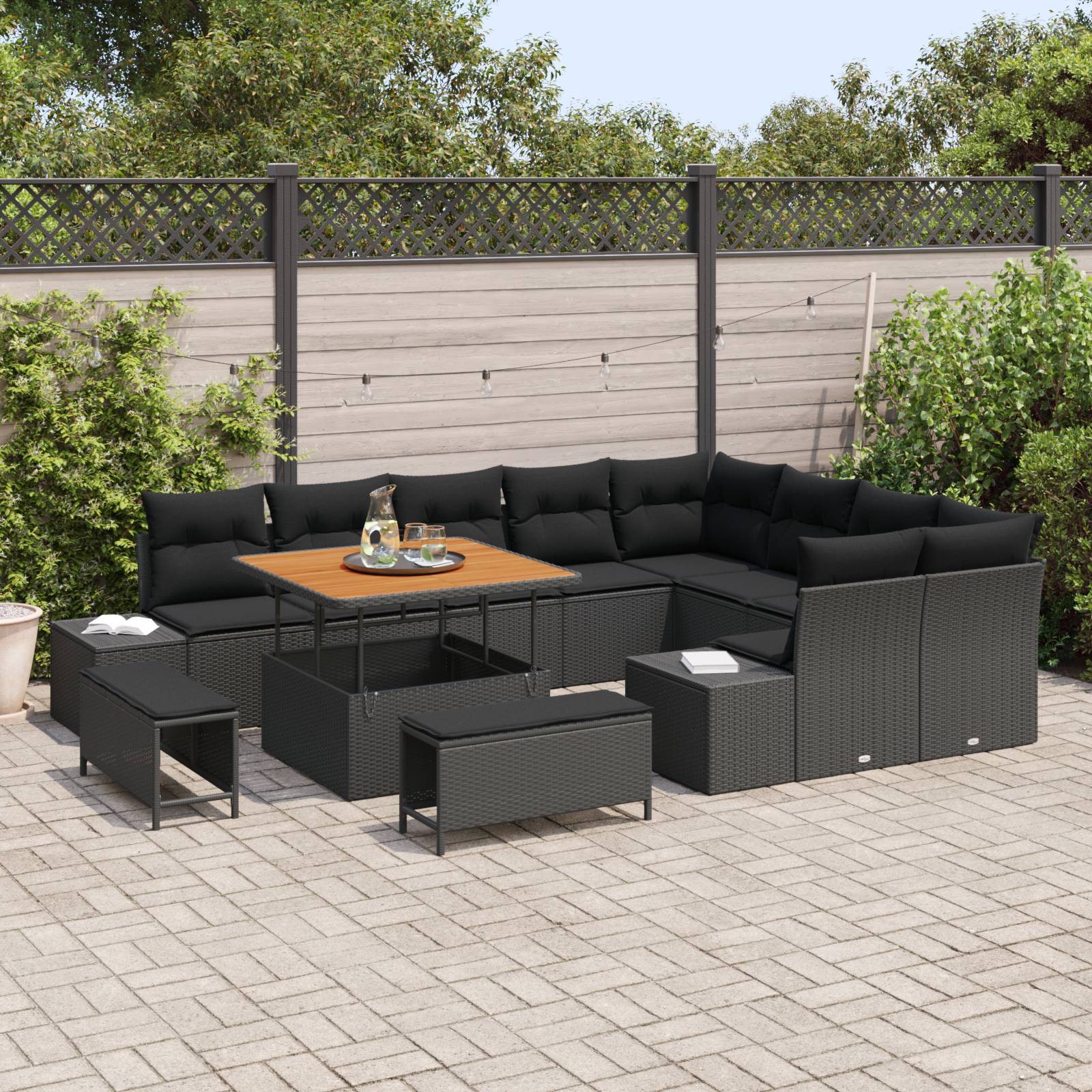 vidaXL 12-teiliges Garten Sofa Set mit Kissen Schwarz Poly Rattan Akazie