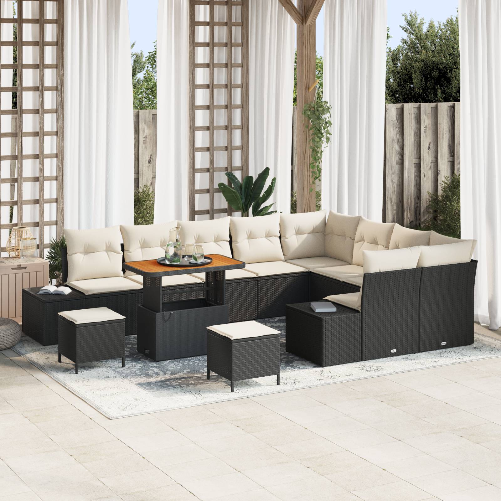 vidaXL 12-teiliges Garten Sofa Set mit Kissen Schwarz Poly Rattan Akazie