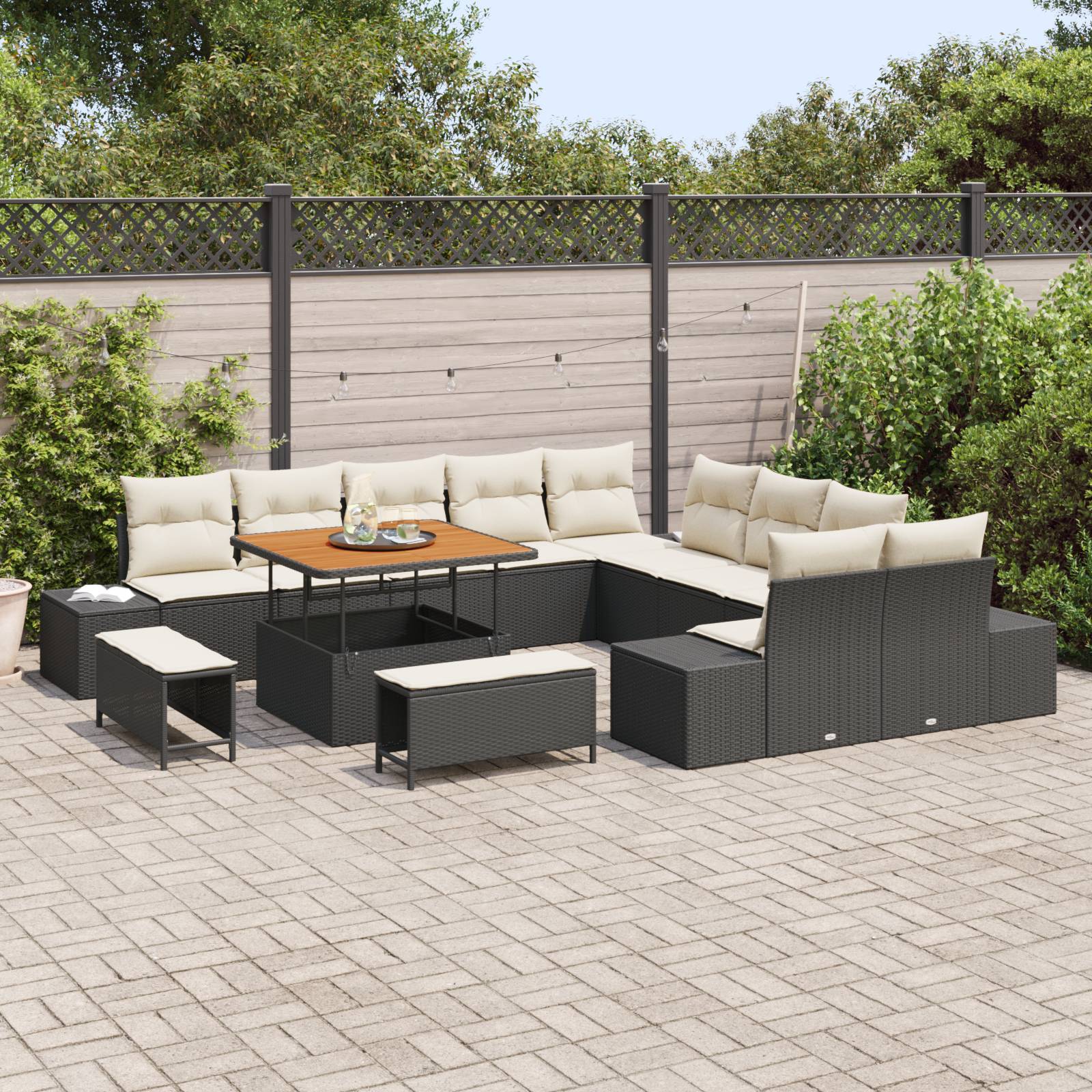 vidaXL 13-tlg. Garten-Sofagarnitur mit Kissen Schwarz Poly Rattan