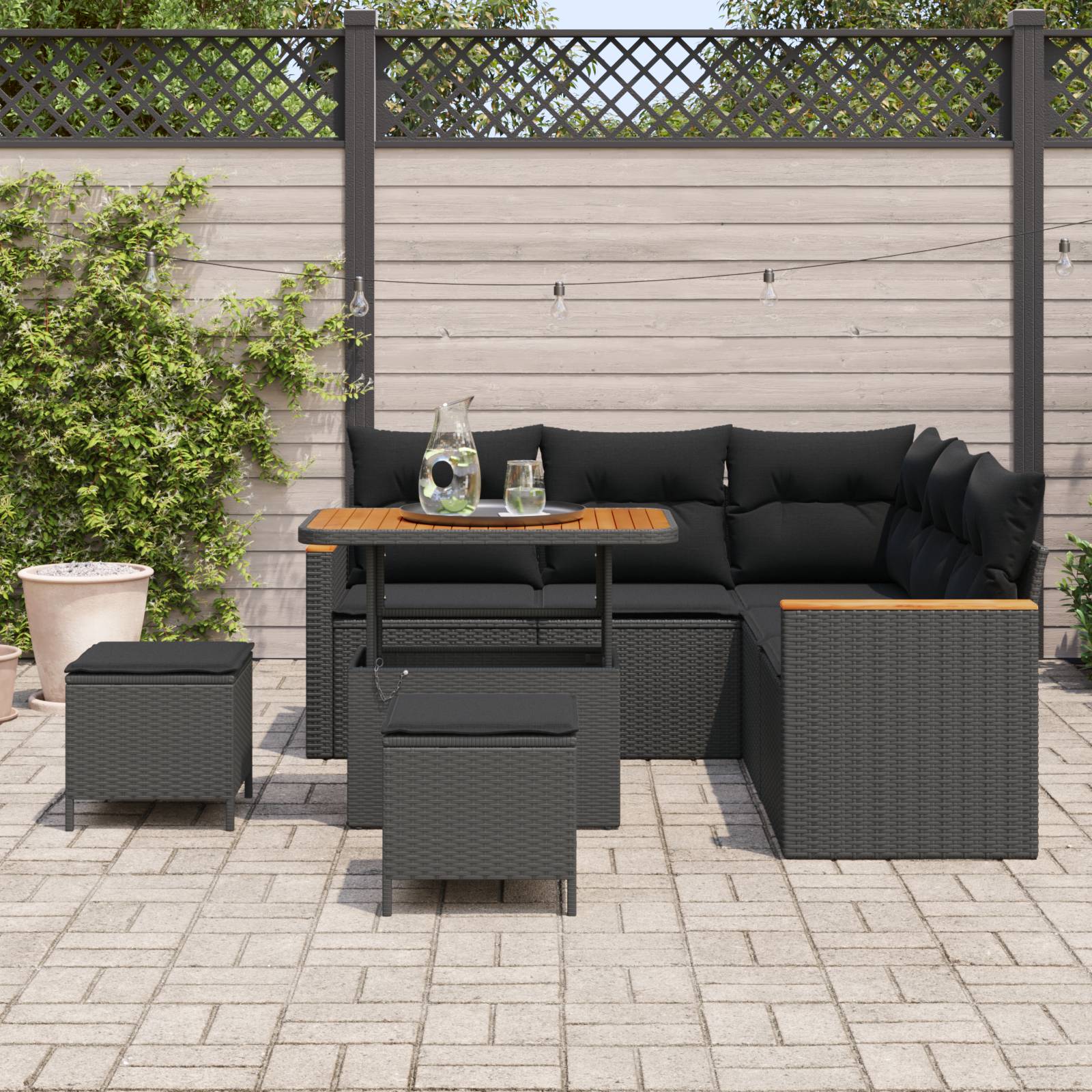 vidaXL 8-teiliges Garten Sofa Set mit Kissen Schwarz Poly Rattan Akazie