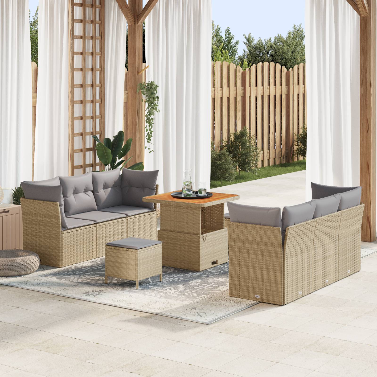 vidaXL 9-tlg. Garten-Sofagarnitur mit Kissen Beige Poly Rattan Akazie