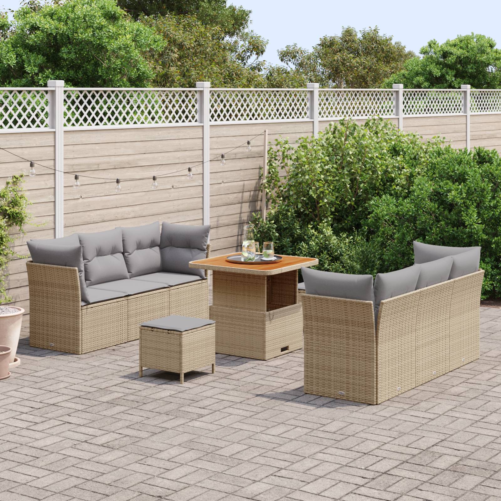 vidaXL 9-tlg. Garten-Sofagarnitur mit Kissen Beige Poly Rattan Akazie