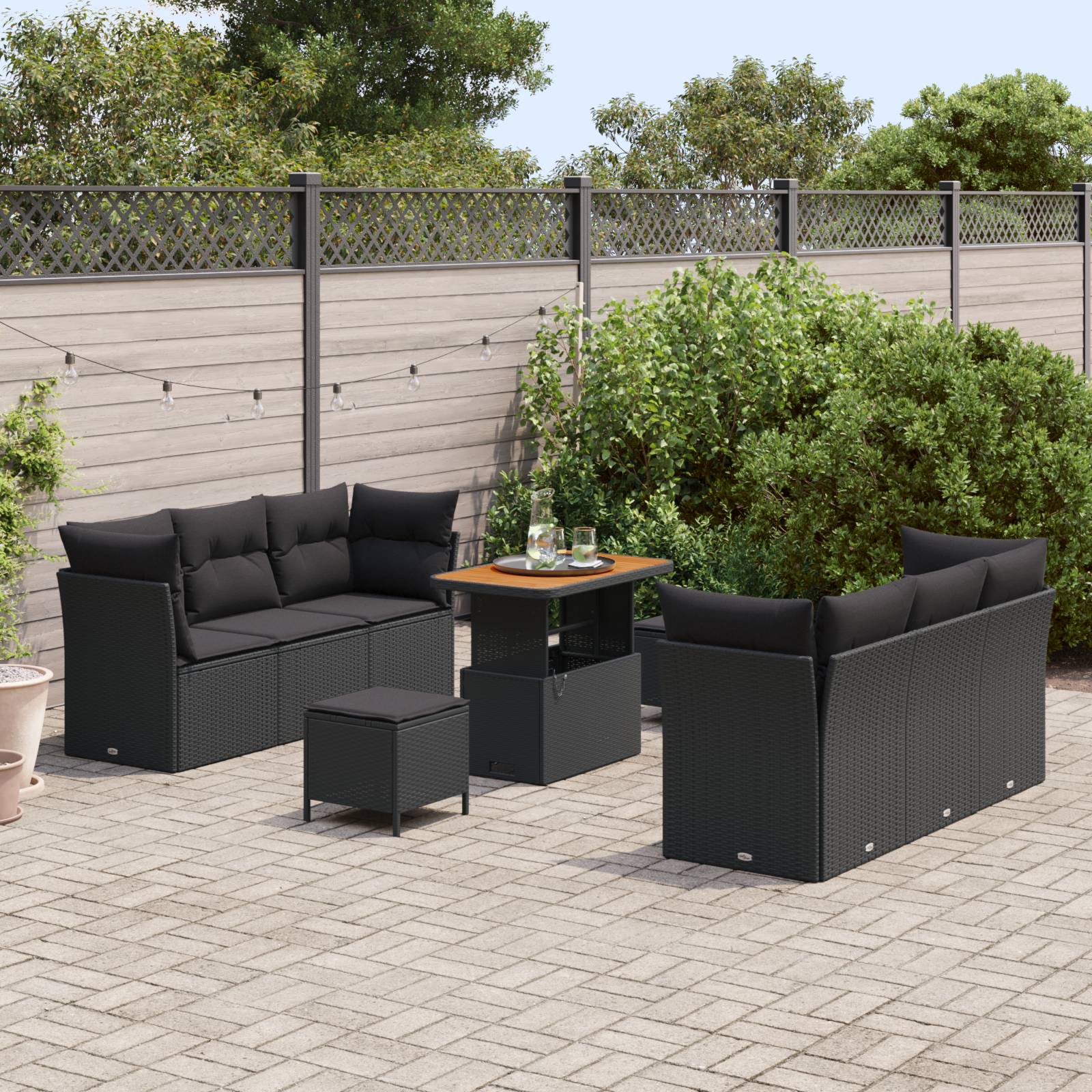 vidaXL 9-tlg. Garten-Sofagarnitur mit Kissen Schwarz Poly Rattan