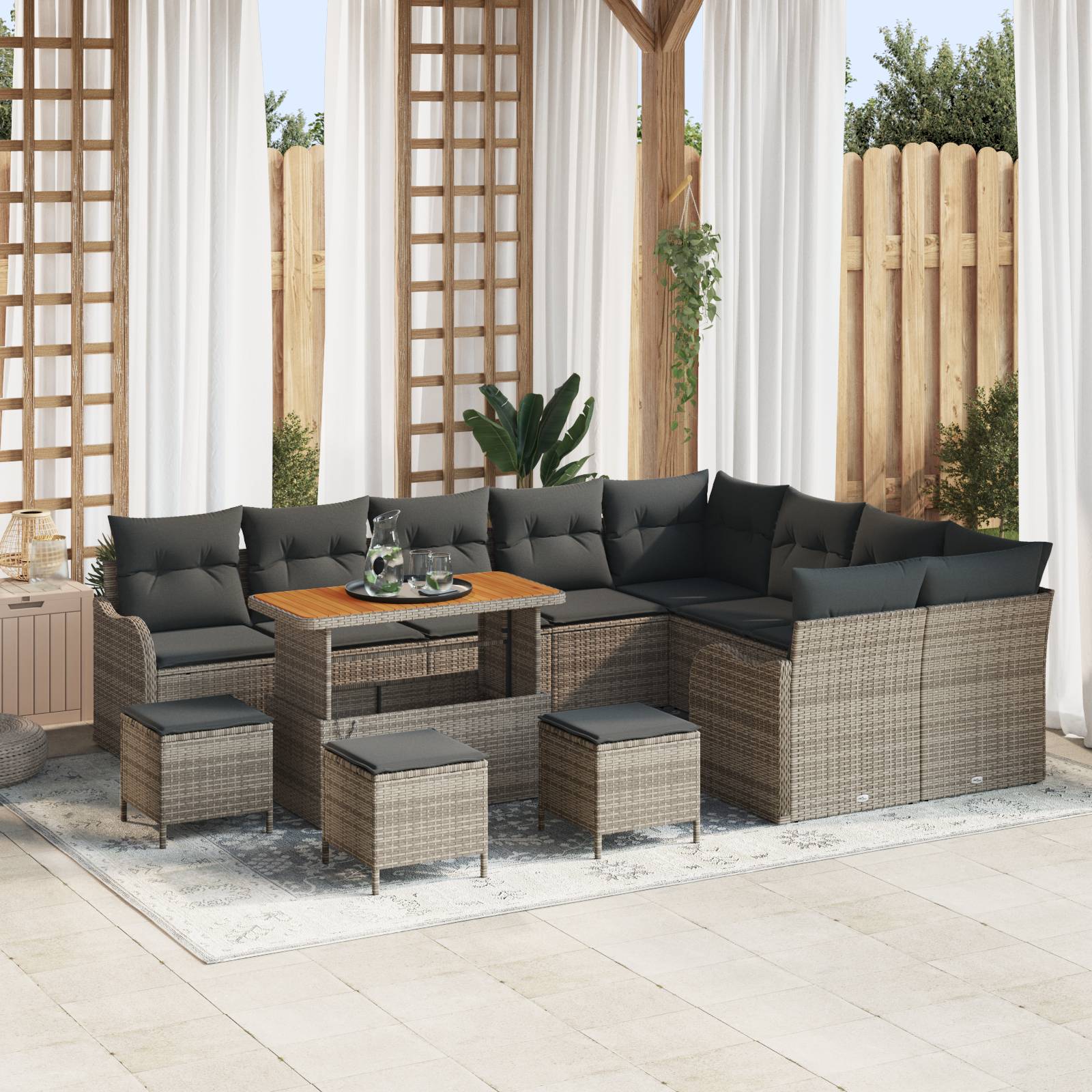 vidaXL 13-tlg. Garten-Sofagarnitur mit Kissen Grau Poly Rattan Akazie