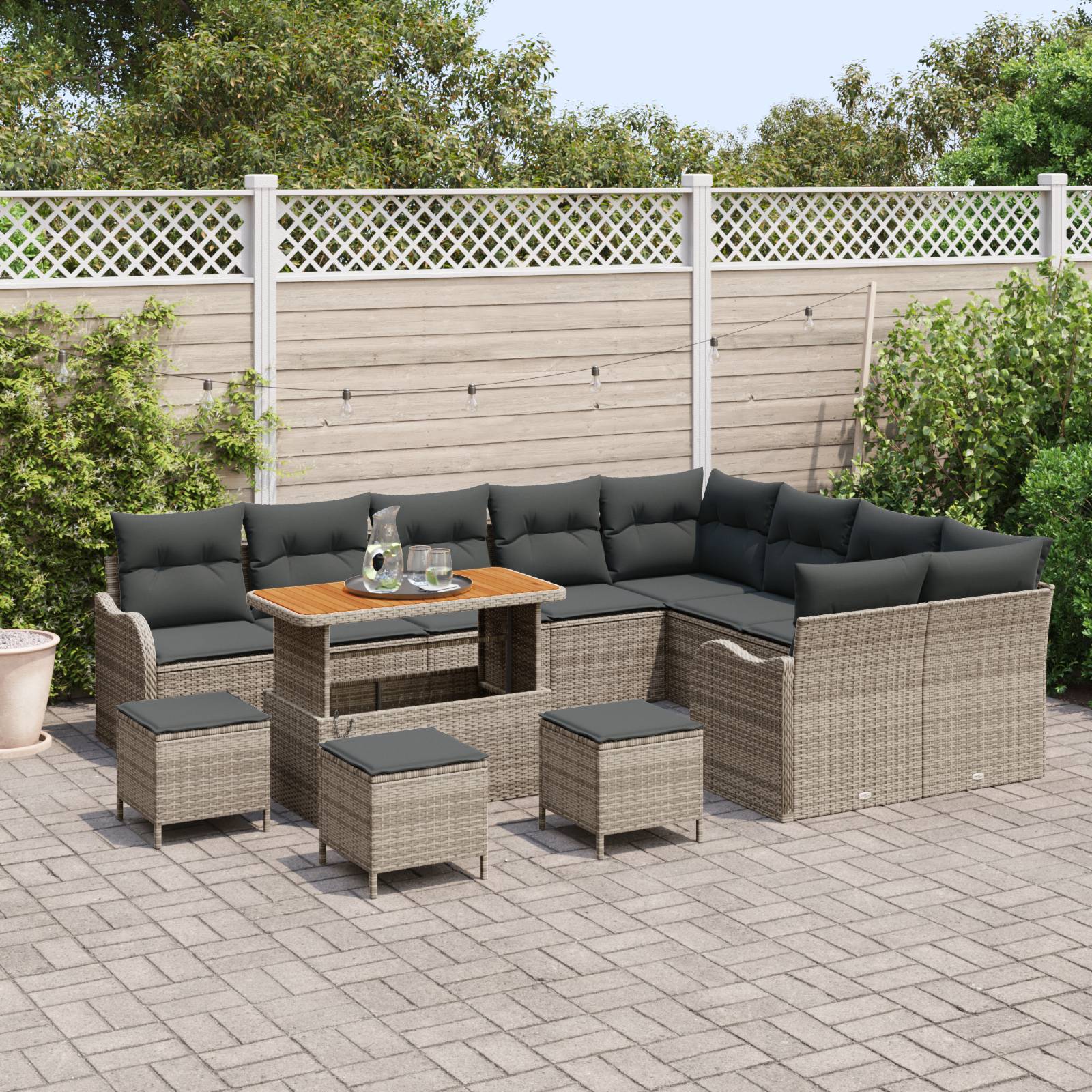 vidaXL 13-tlg. Garten-Sofagarnitur mit Kissen Grau Poly Rattan Akazie