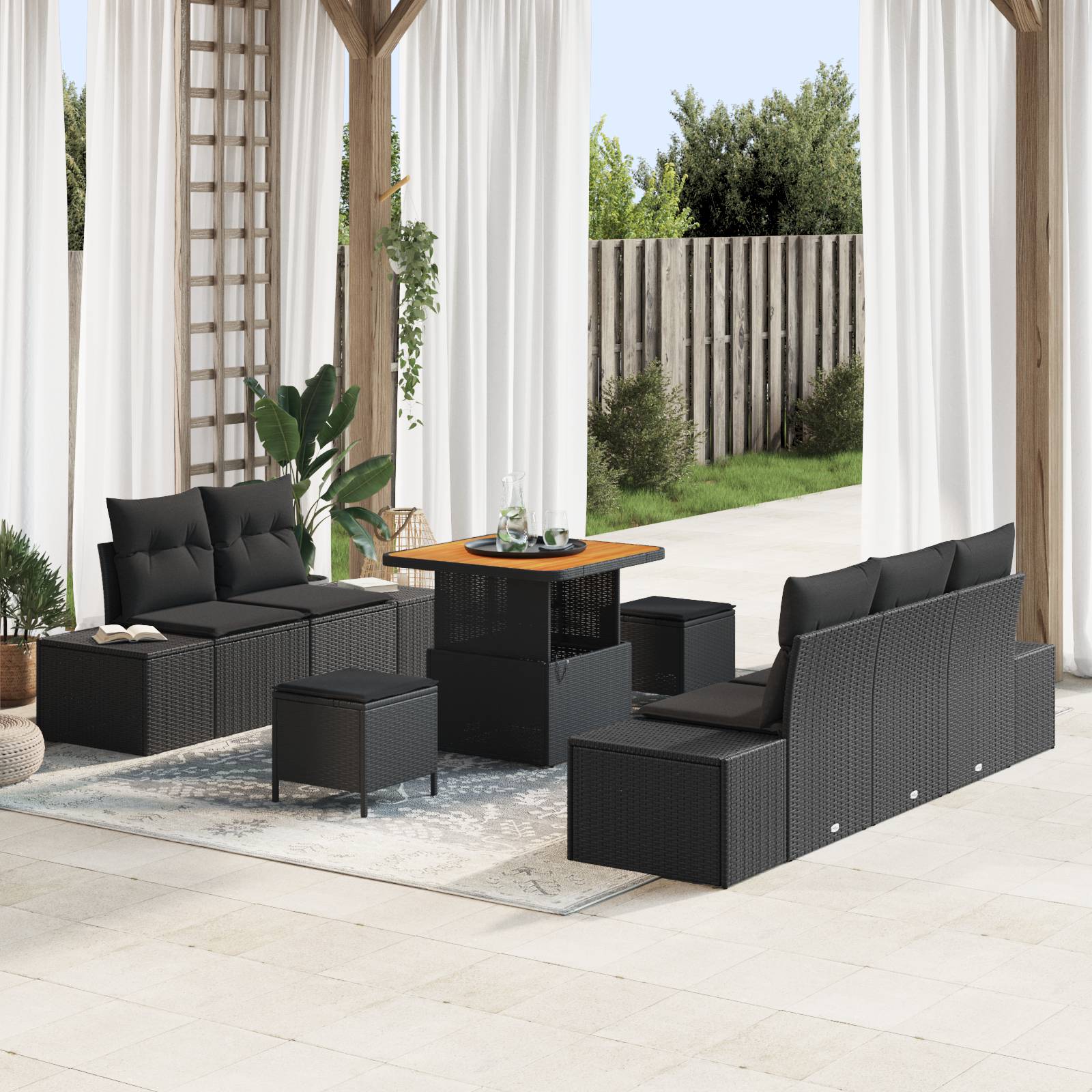 vidaXL 8-tlg. Garten-Sofagarnitur mit Kissen Schwarz Poly Rattan