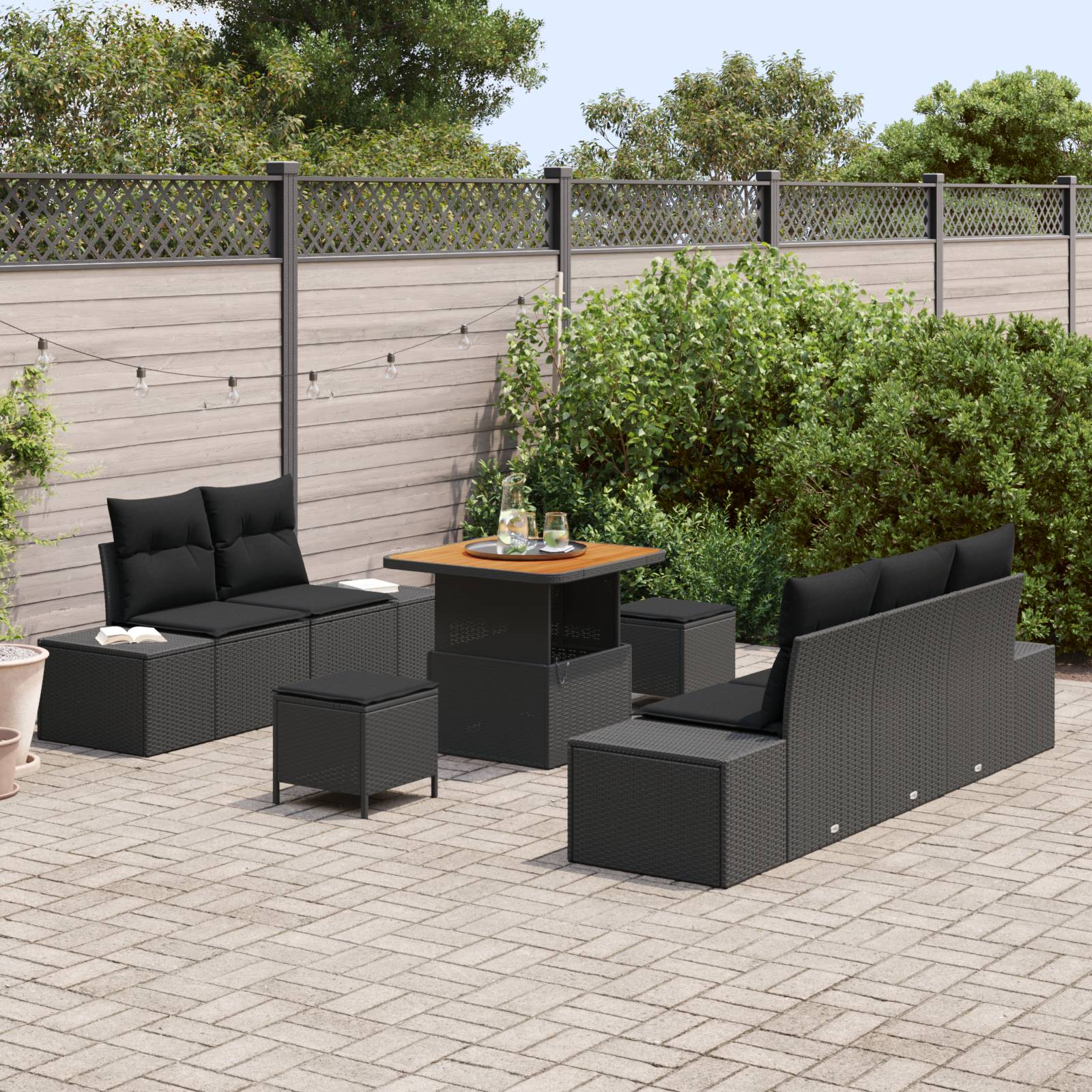 vidaXL 8-tlg. Garten-Sofagarnitur mit Kissen Schwarz Poly Rattan