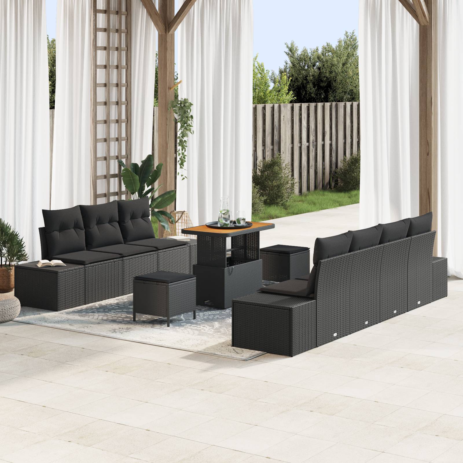 vidaXL 10-tlg. Garten-Sofagarnitur mit Kissen Schwarz Poly Rattan