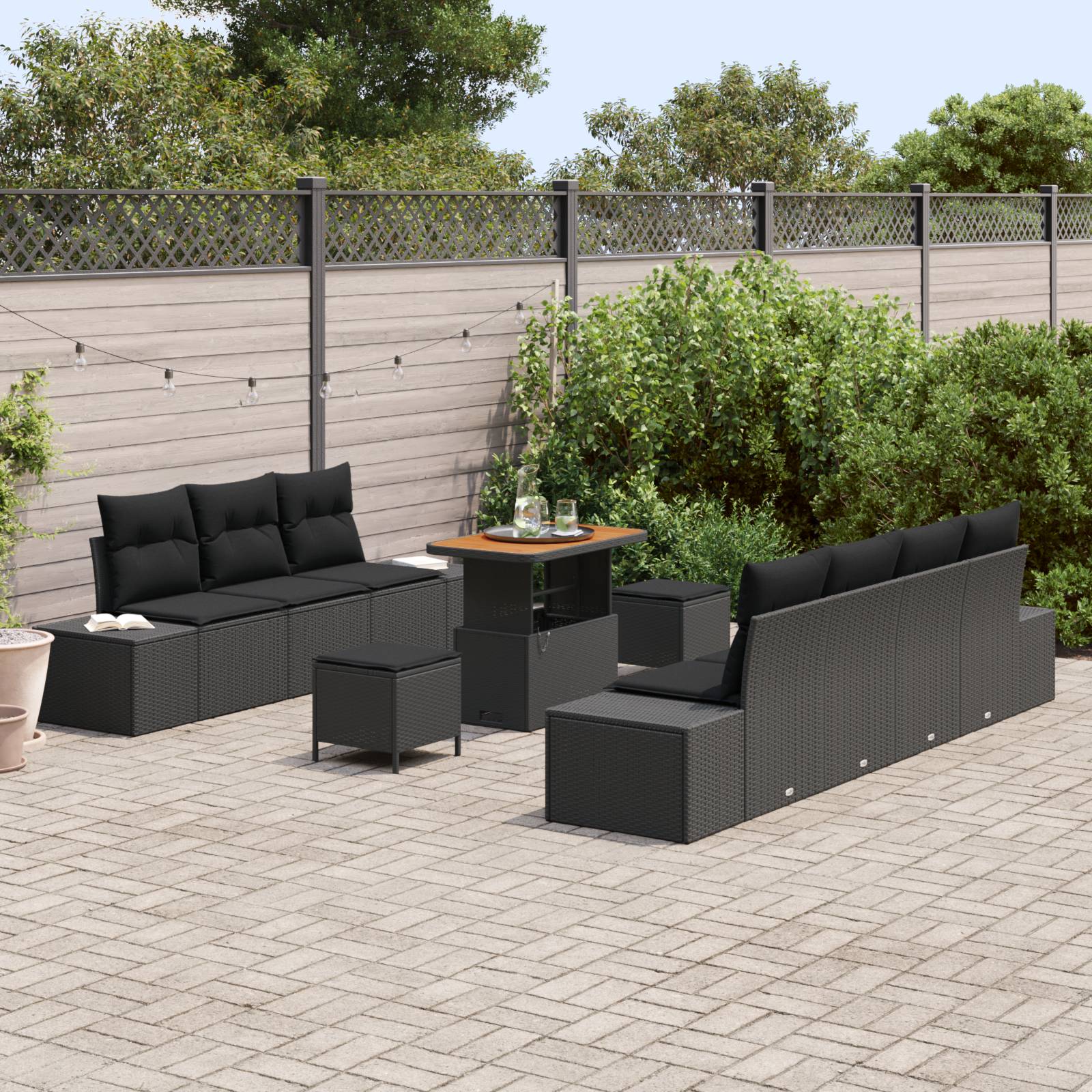 vidaXL 10-tlg. Garten-Sofagarnitur mit Kissen Schwarz Poly Rattan