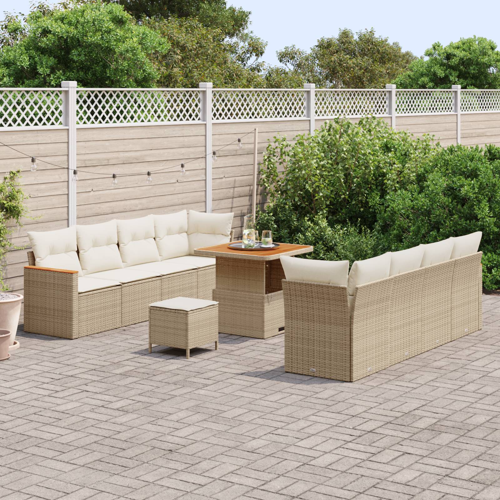 vidaXL 11-tlg. Garten-Sofagarnitur mit Kissen Beige Poly Rattan Akazie
