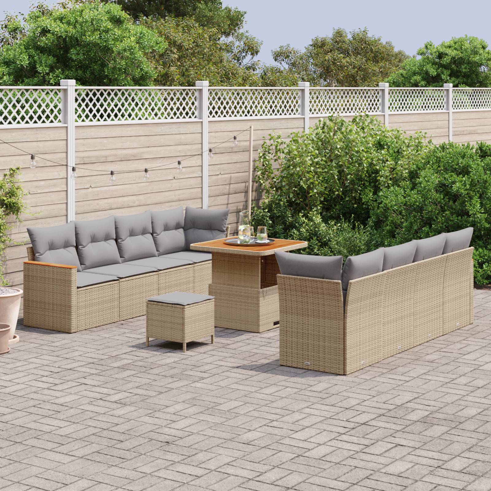 vidaXL 11-tlg. Garten-Sofagarnitur mit Kissen Beige Poly Rattan Akazie