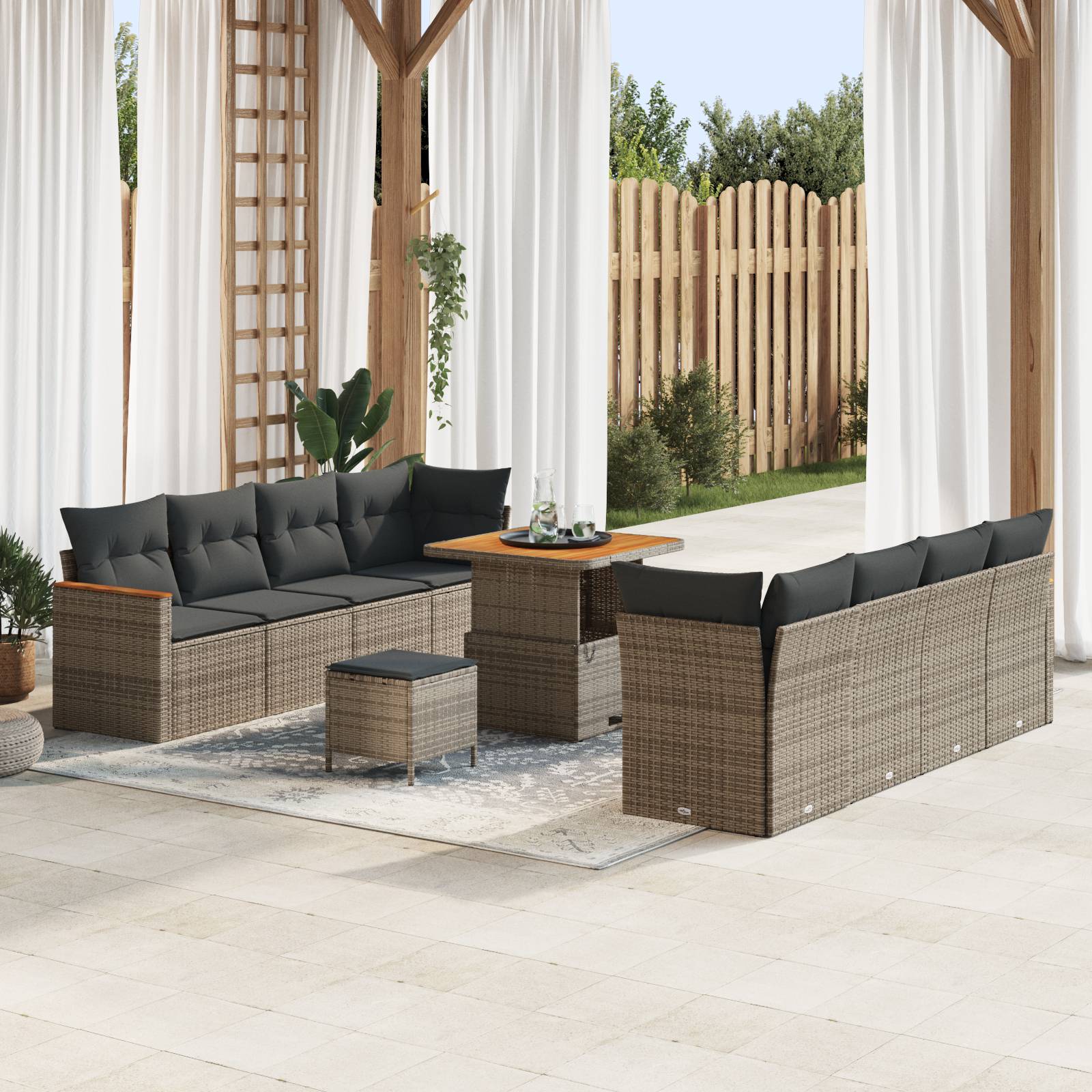 vidaXL 11-tlg. Garten-Sofagarnitur mit Kissen Grau Poly Rattan Akazie