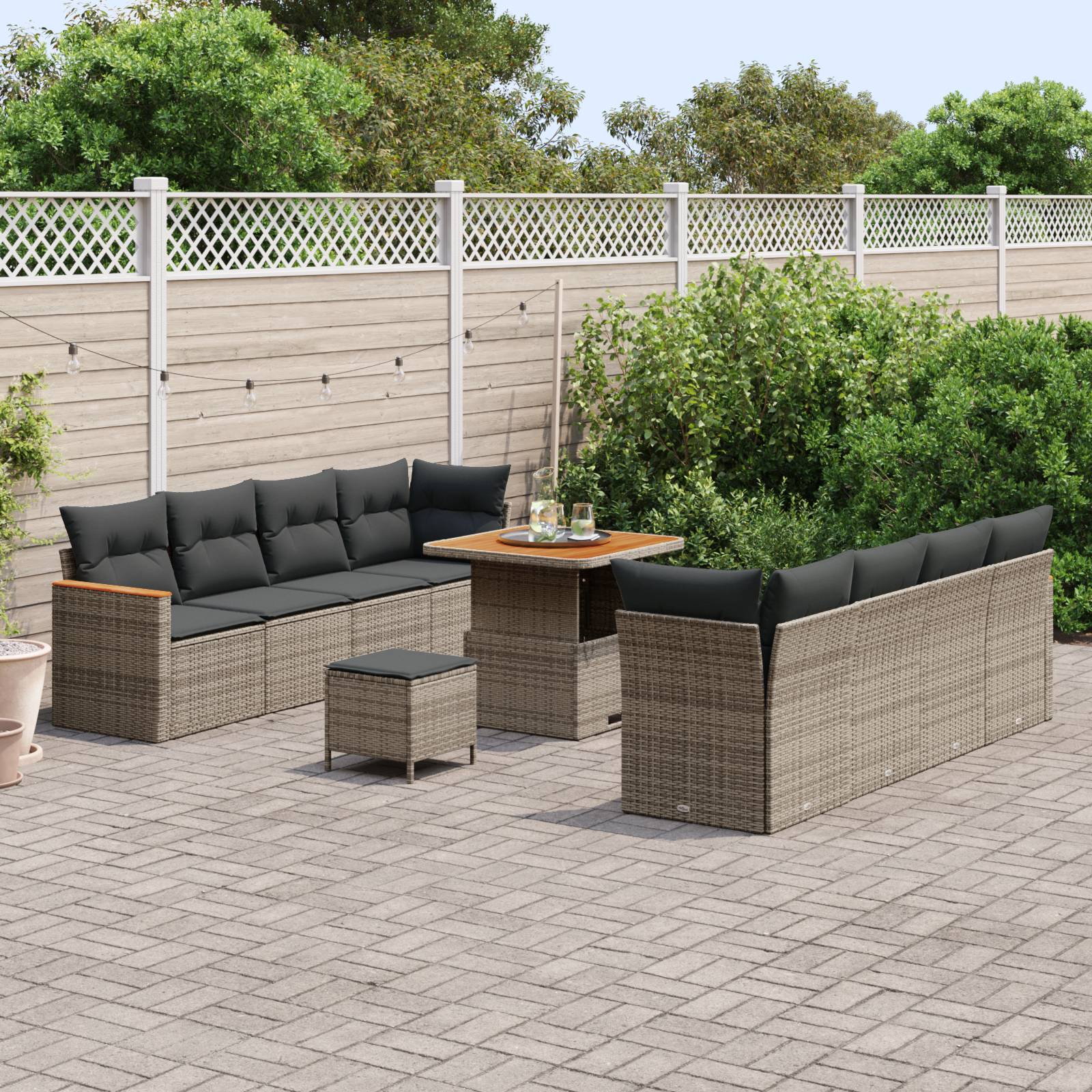 vidaXL 11-tlg. Garten-Sofagarnitur mit Kissen Grau Poly Rattan Akazie