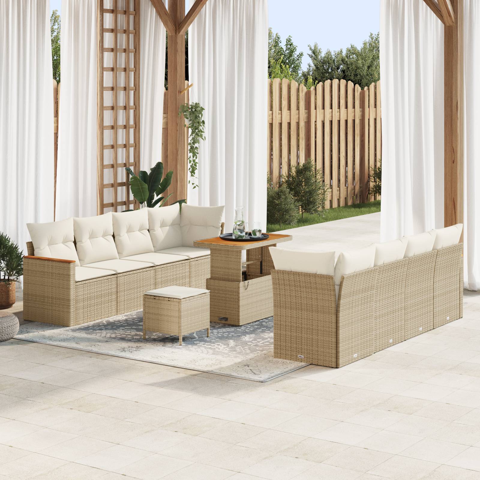 vidaXL 11-tlg. Garten-Sofagarnitur mit Kissen Beige Poly Rattan Akazie
