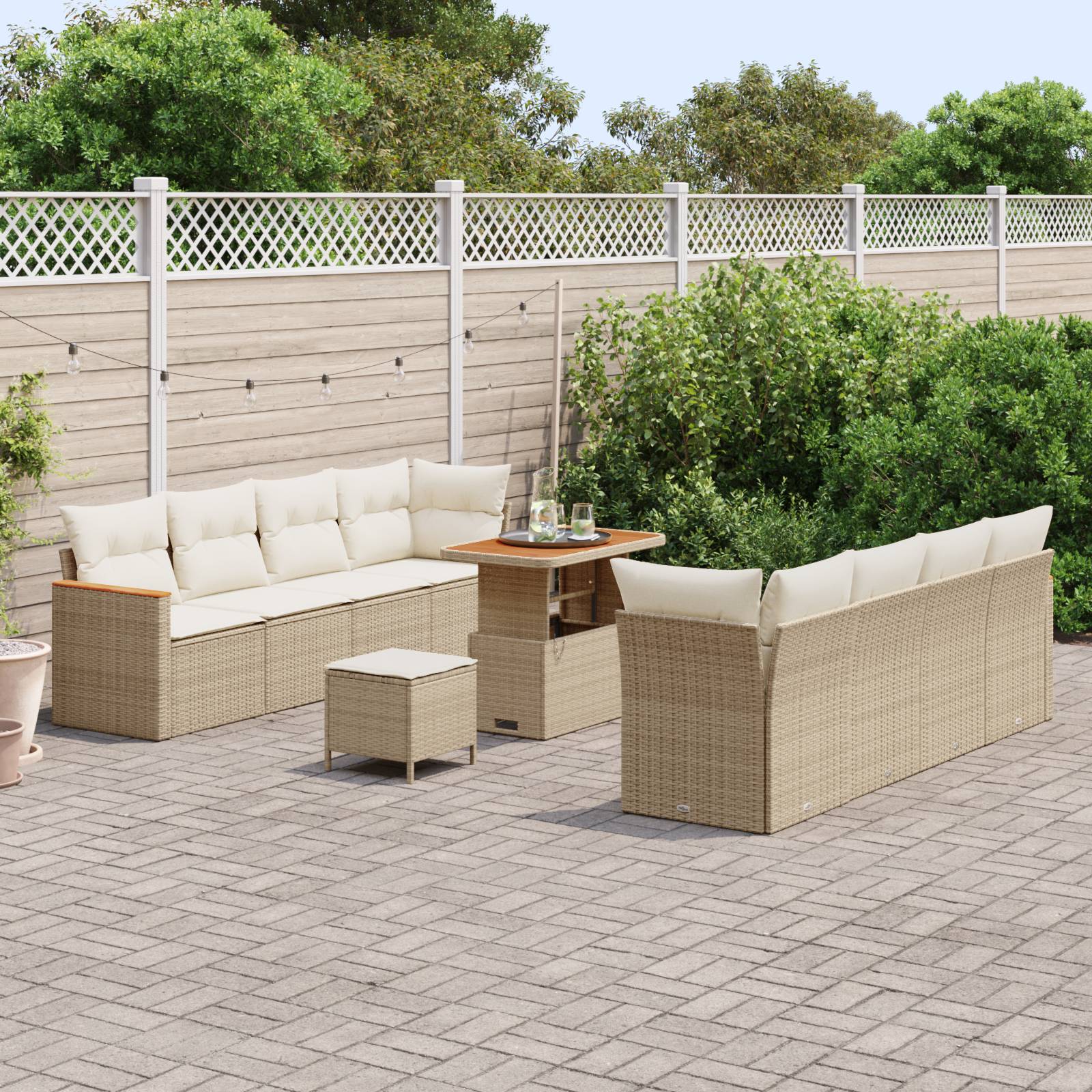 vidaXL 11-tlg. Garten-Sofagarnitur mit Kissen Beige Poly Rattan Akazie