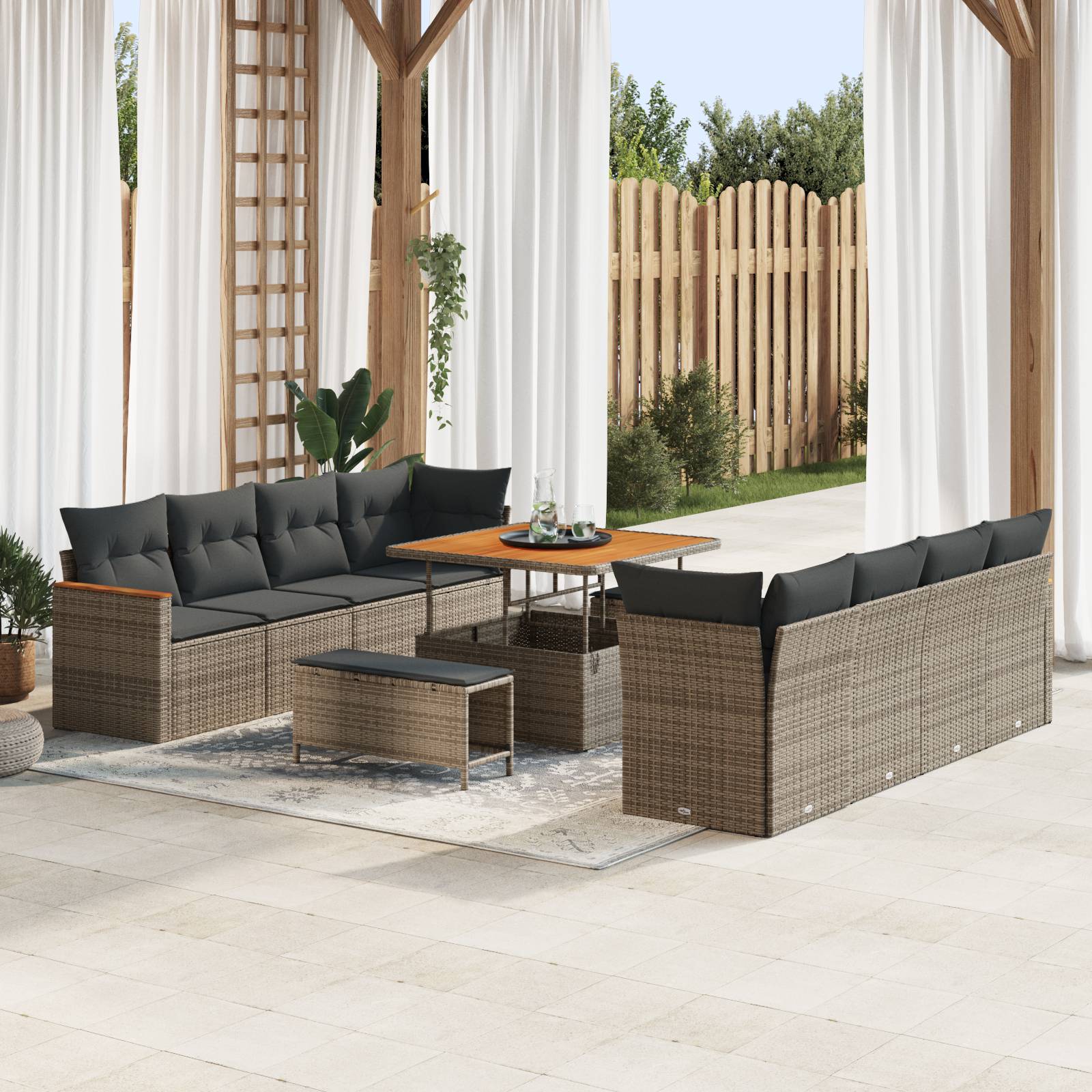 vidaXL 11-tlg. Garten-Sofagarnitur mit Kissen Grau Poly Rattan Akazie