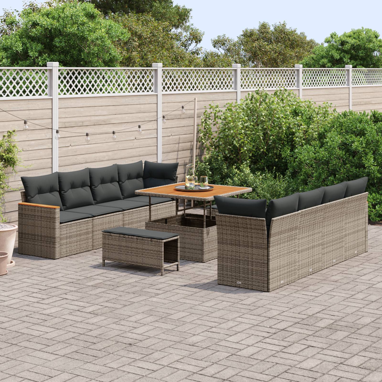 vidaXL 11-tlg. Garten-Sofagarnitur mit Kissen Grau Poly Rattan Akazie
