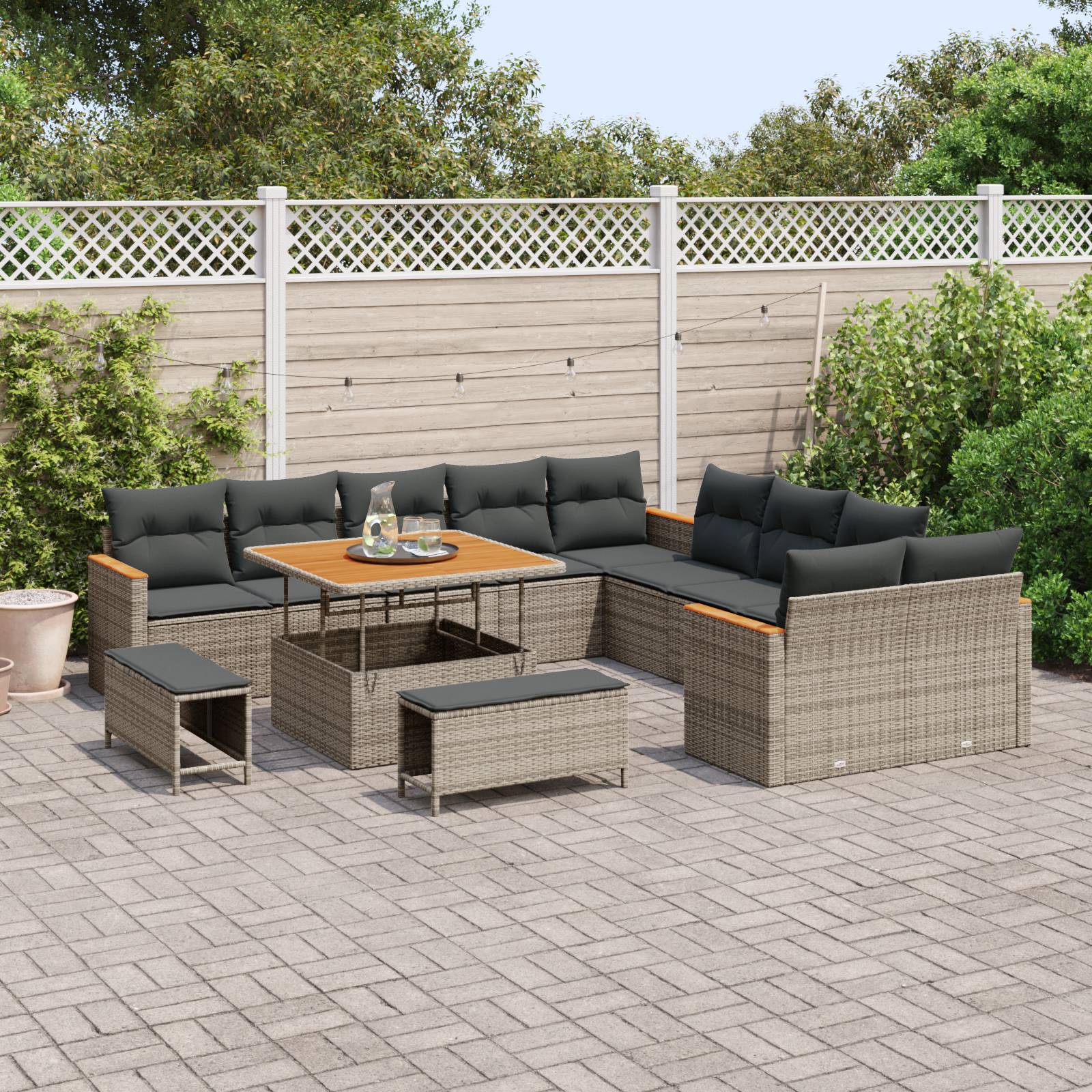 vidaXL 13-teiliges Garten Sofaset mit Kissen Grau Poly-Rattan Akazie