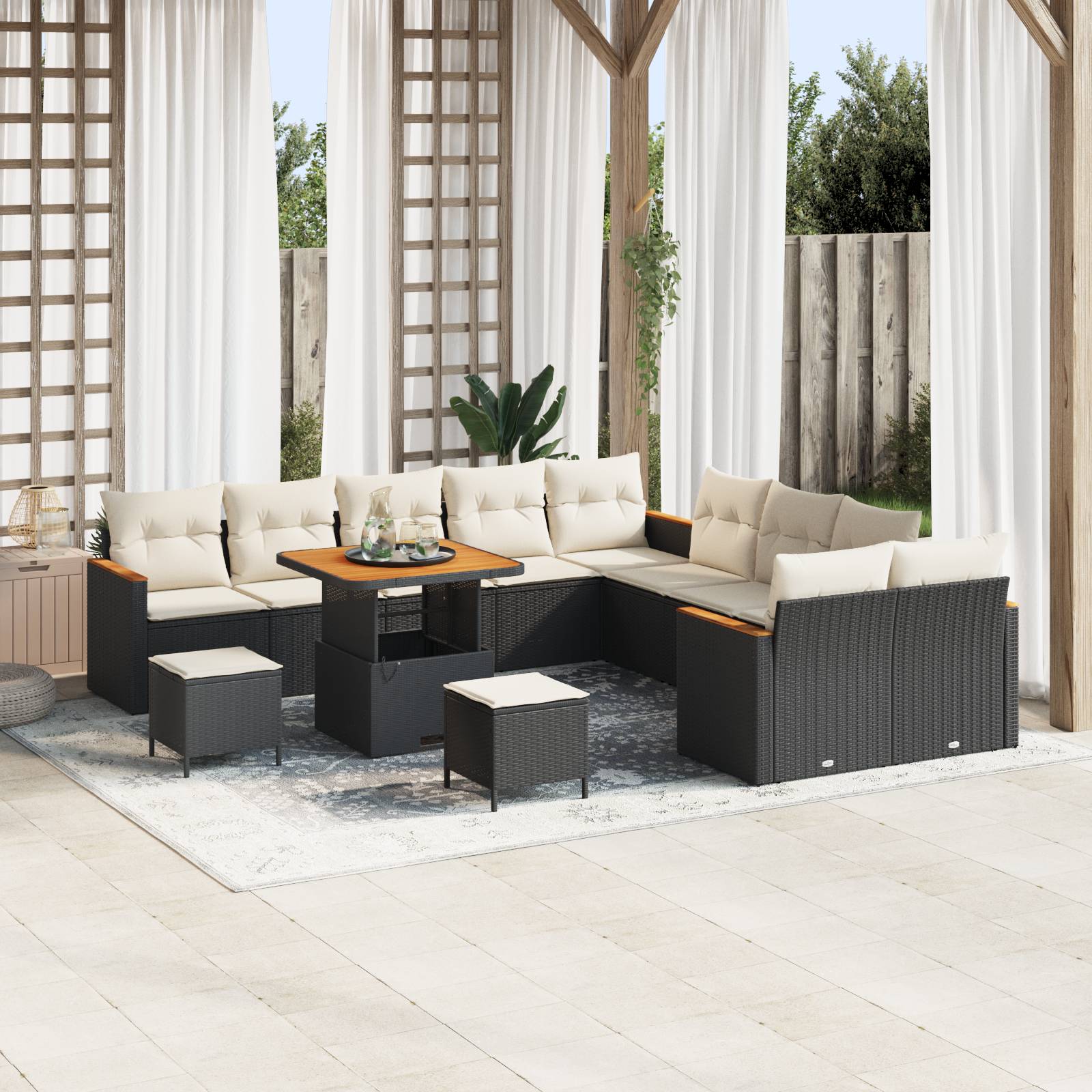 vidaXL 13-teiliges Garten Sofa Set mit Kissen Schwarz Poly Rattan Akazie
