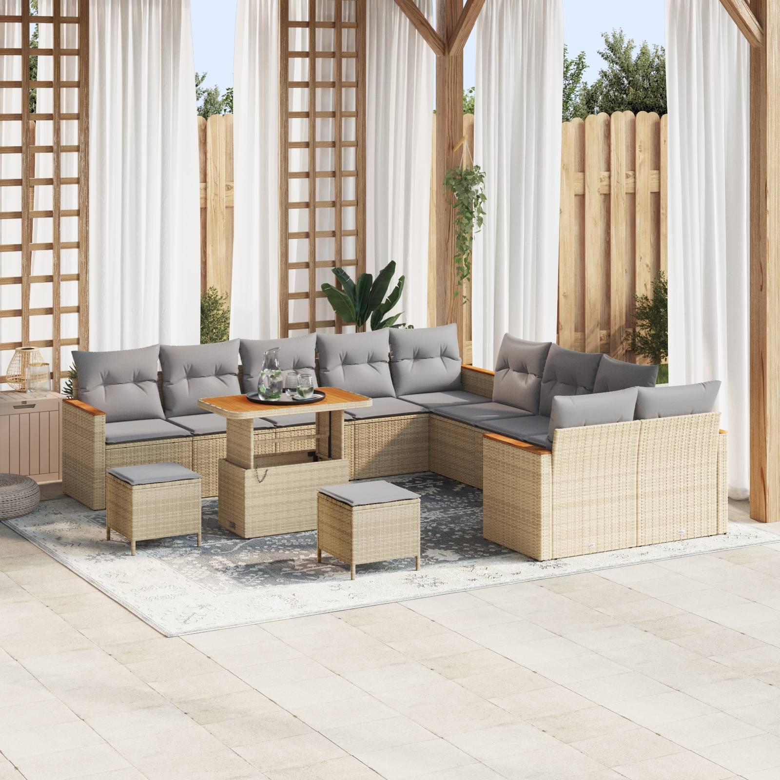 vidaXL 13-tlg. Garten-Sofagarnitur mit Kissen Beige Poly Rattan Akazie