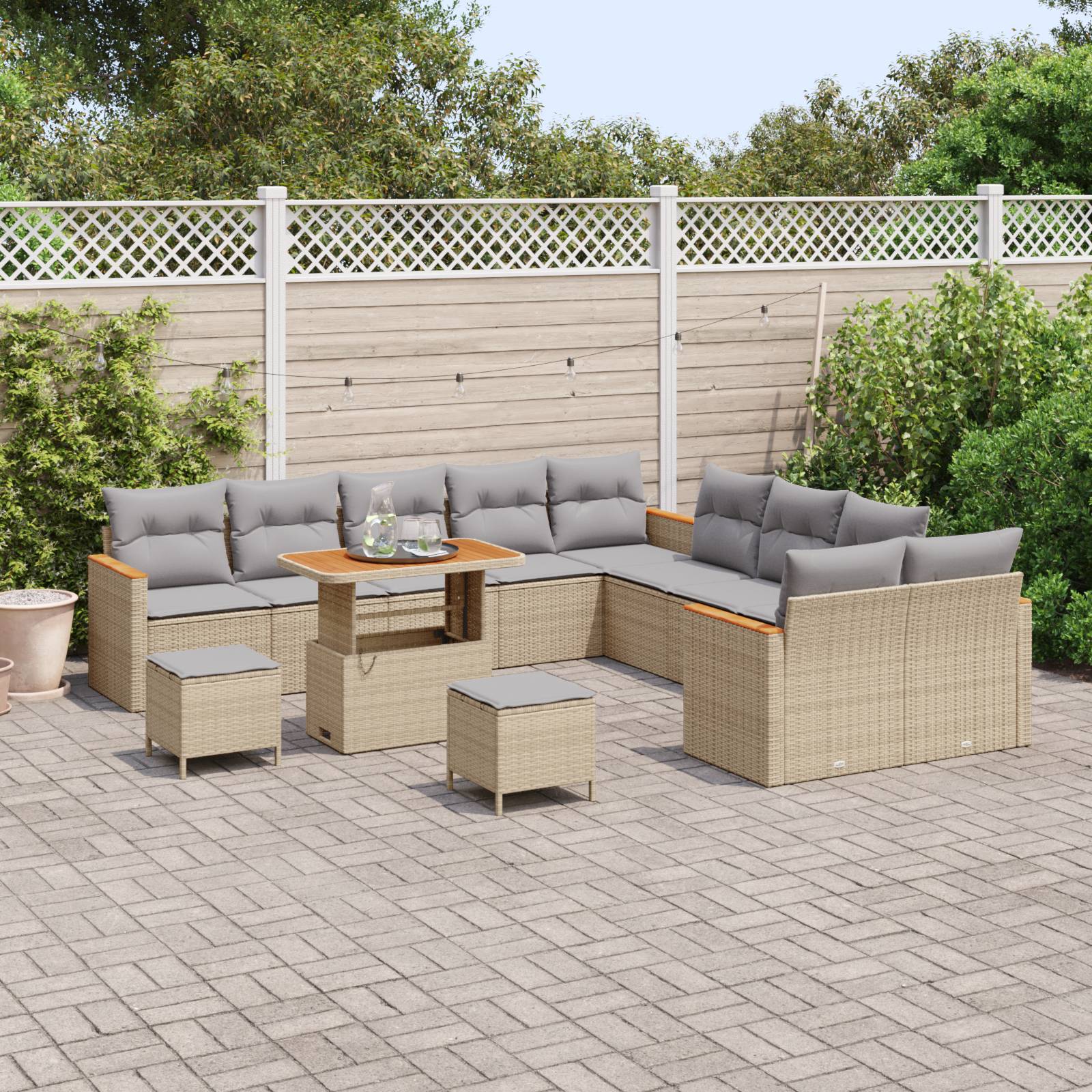 vidaXL 13-tlg. Garten-Sofagarnitur mit Kissen Beige Poly Rattan Akazie