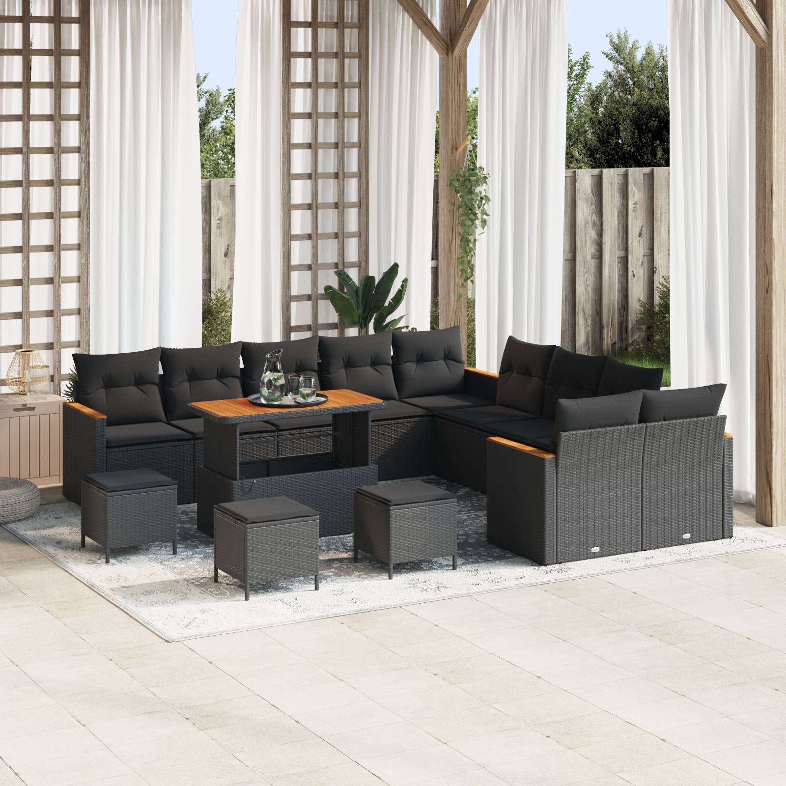 vidaXL 14-teiliges Garten-Sofa-Set mit Kissen Schwarz Poly-Rattan Akazie