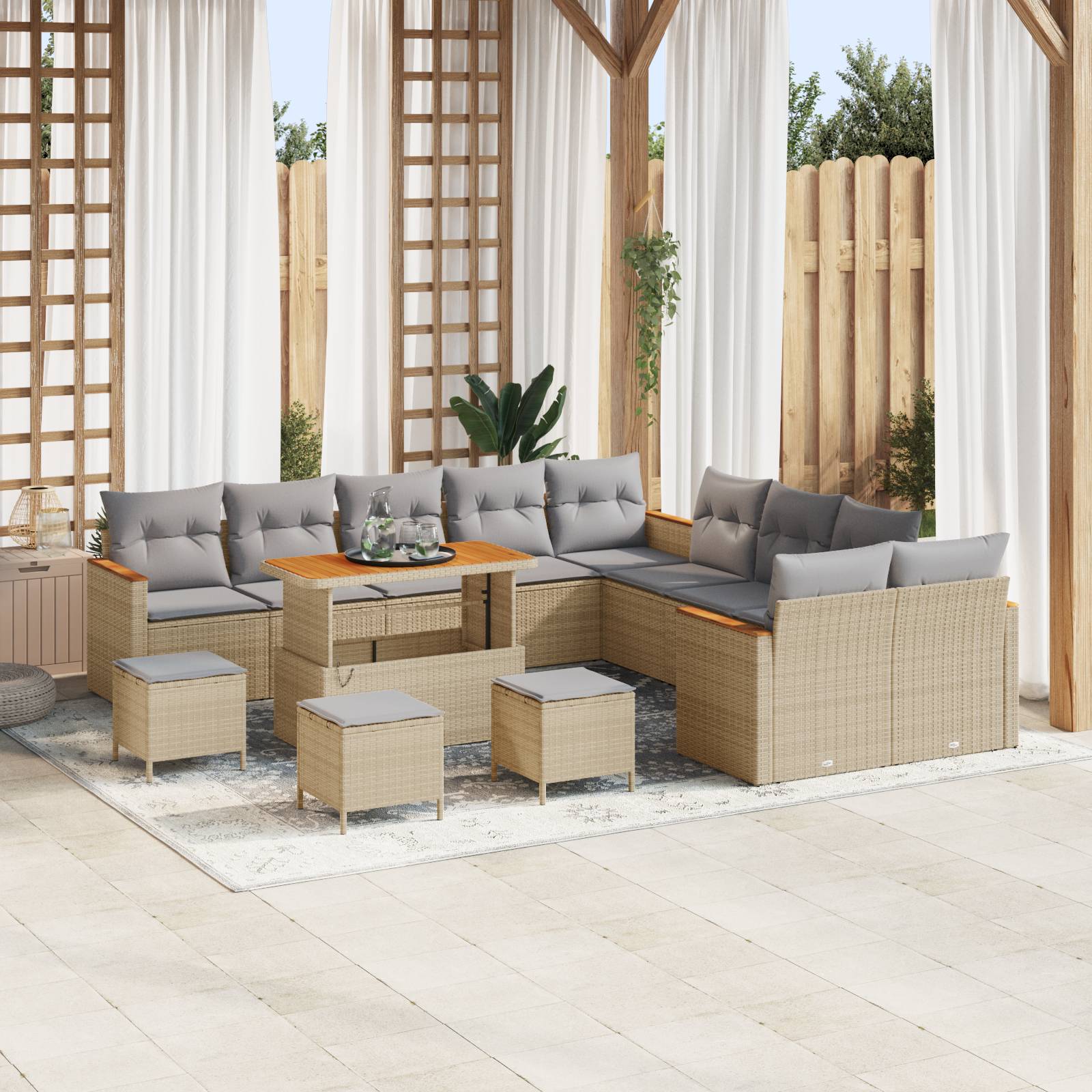 vidaXL 14-teiliges Garten Sofa Set mit Kissen Beige Poly Rattan Akazie