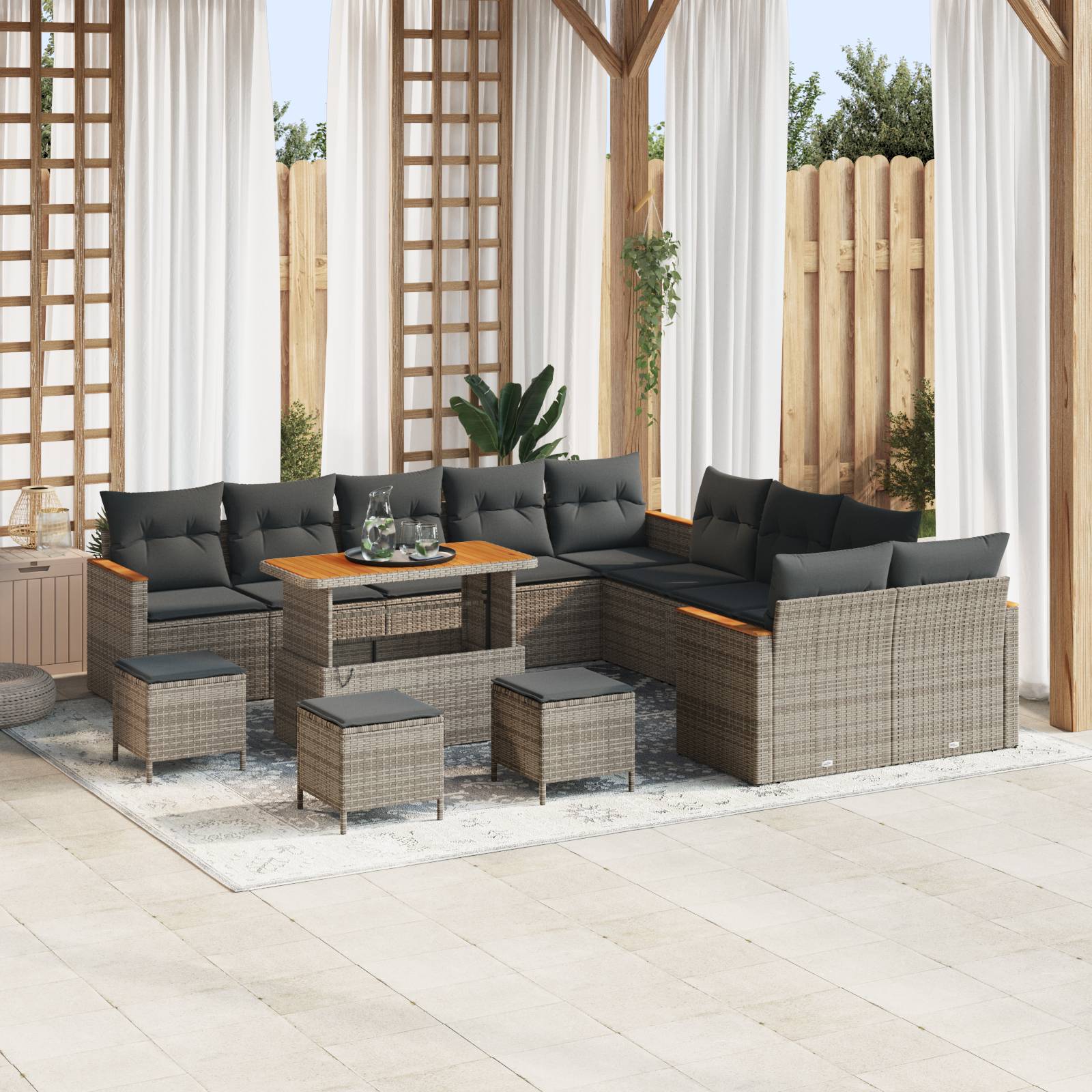 vidaXL 14-teiliges Garten-Sofa-Set mit Kissen Grau Poly-Rattan Akazie