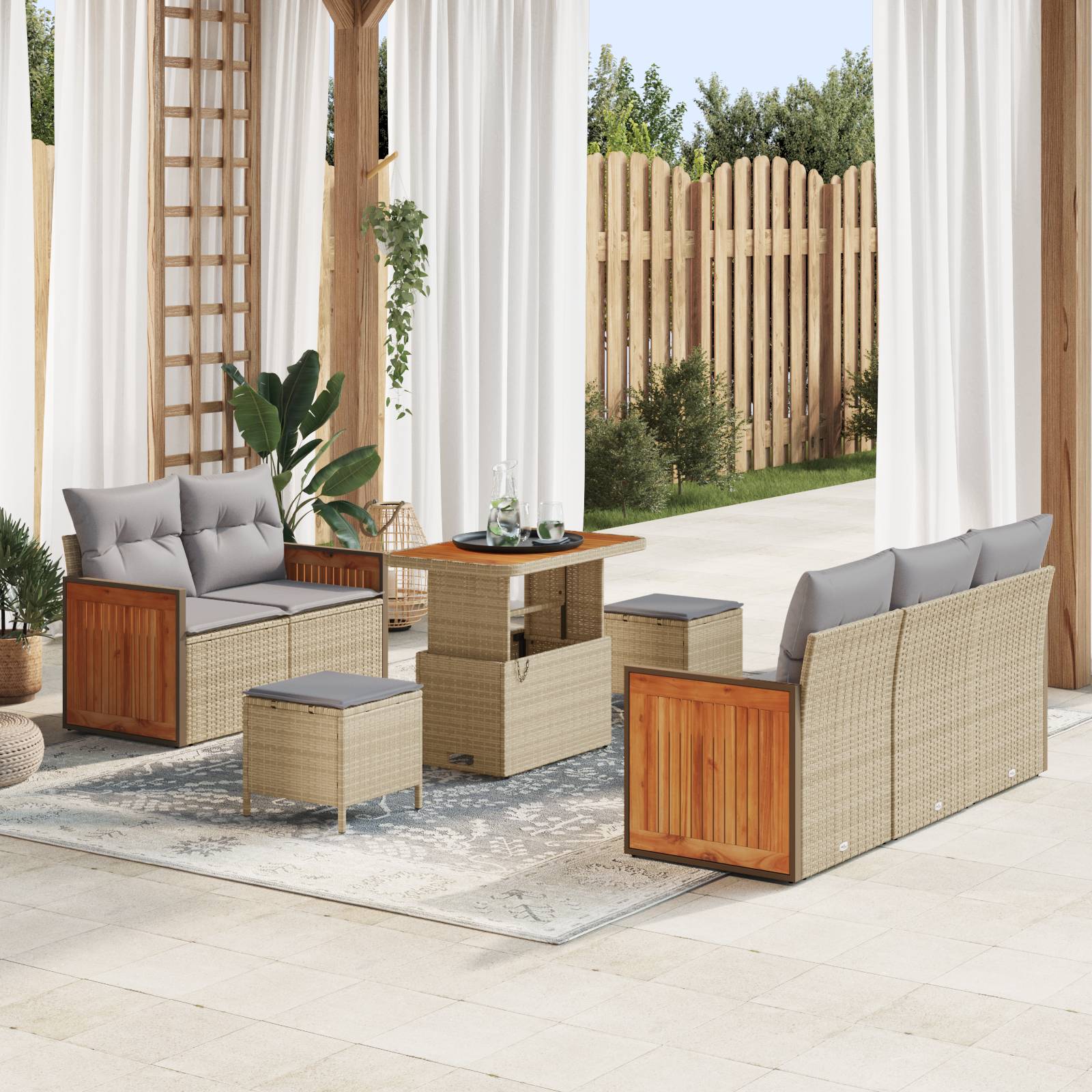 vidaXL 8-tlg. Garten-Sofagarnitur mit Kissen Beige Poly Rattan Akazie
