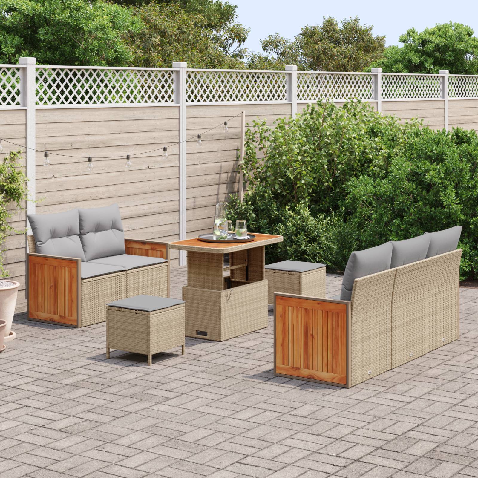 vidaXL 8-tlg. Garten-Sofagarnitur mit Kissen Beige Poly Rattan Akazie