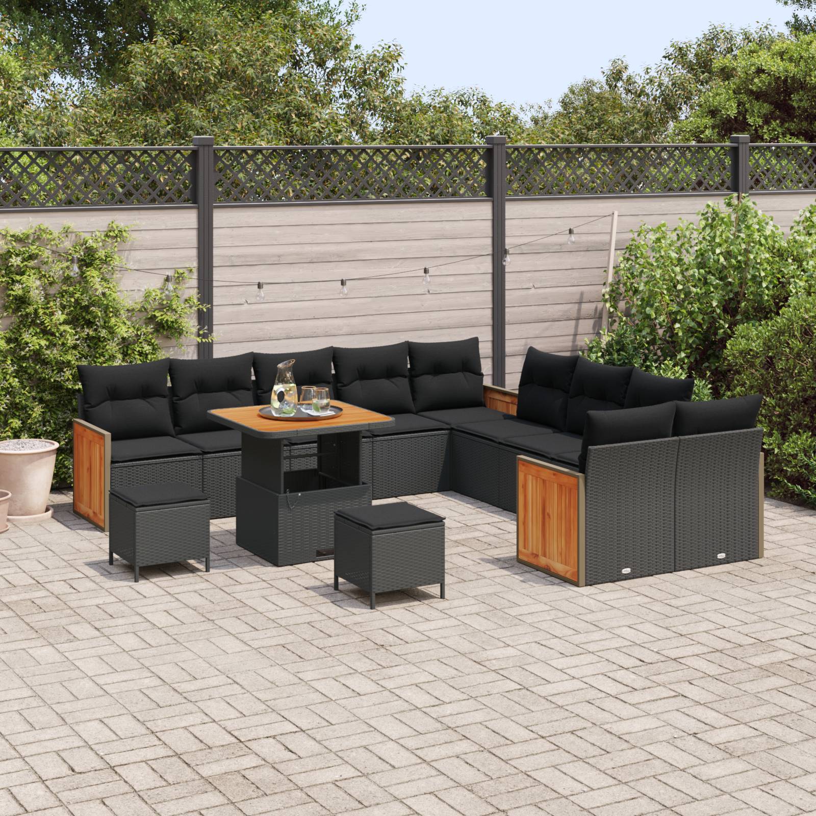 vidaXL 13-teiliges Garten-Sofa-Set mit Kissen Schwarz Poly-Rattan Akazie