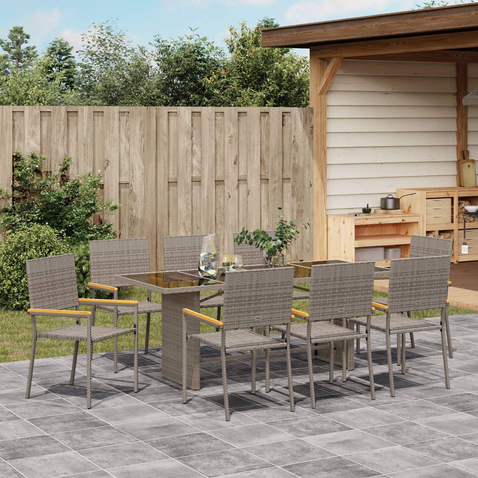vidaXL 9-tlg. Garten-Essgruppe Grau Poly Rattan