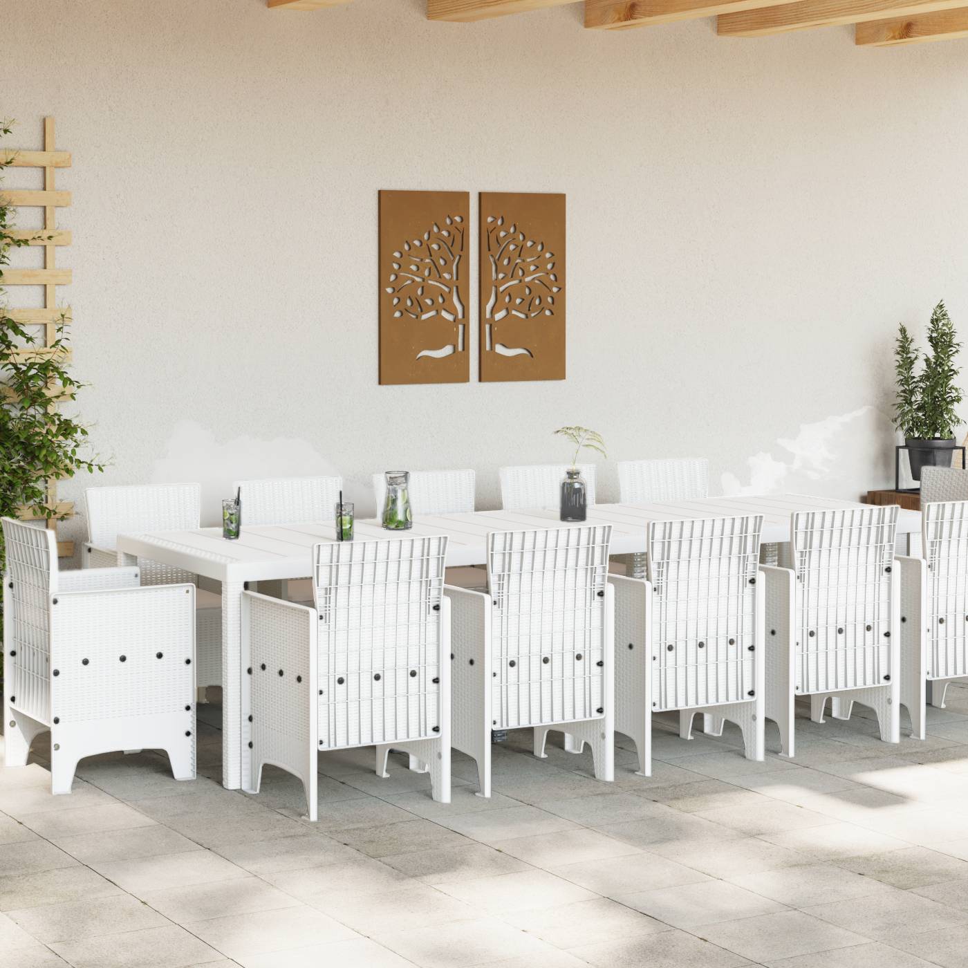 vidaXL 13-teiliges Garten Esstisch Set mit Kissen Weiß Poly-Rattan