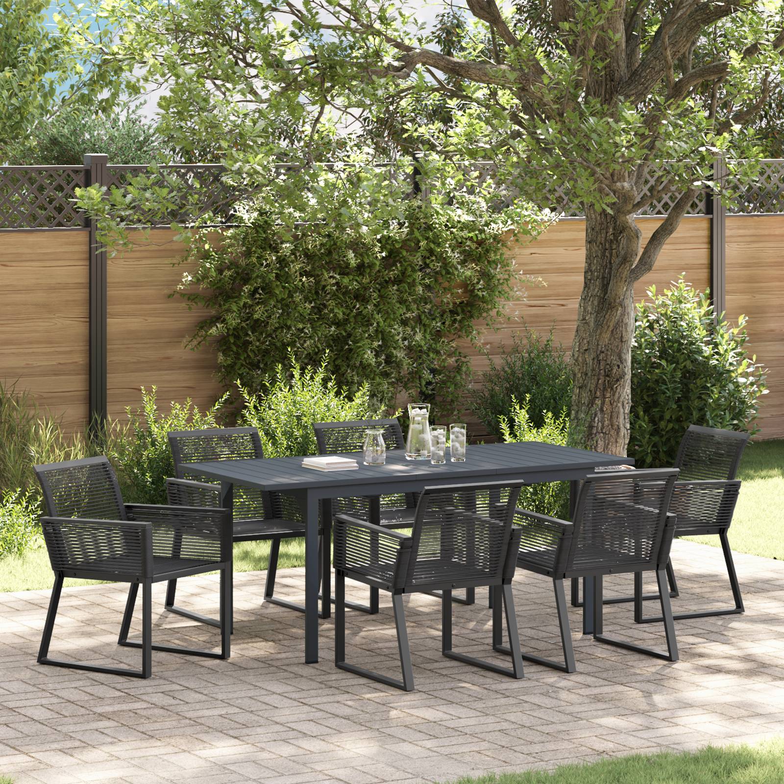 vidaXL 7-tlg. Garten-Essgruppe Schwarz Stahl und Poly Rattan