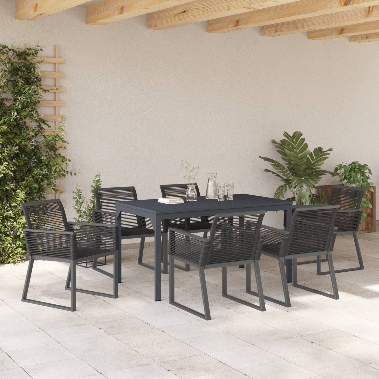 vidaXL 7-tlg. Garten-Essgruppe Schwarz Stahl und Poly Rattan