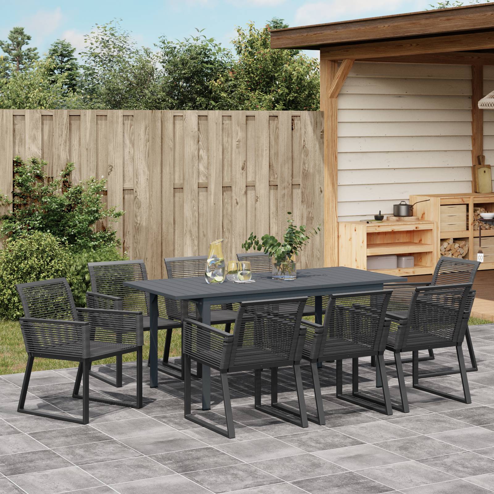 vidaXL 6-tlg. Garten-Essgruppe Schwarz Stahl und Poly Rattan