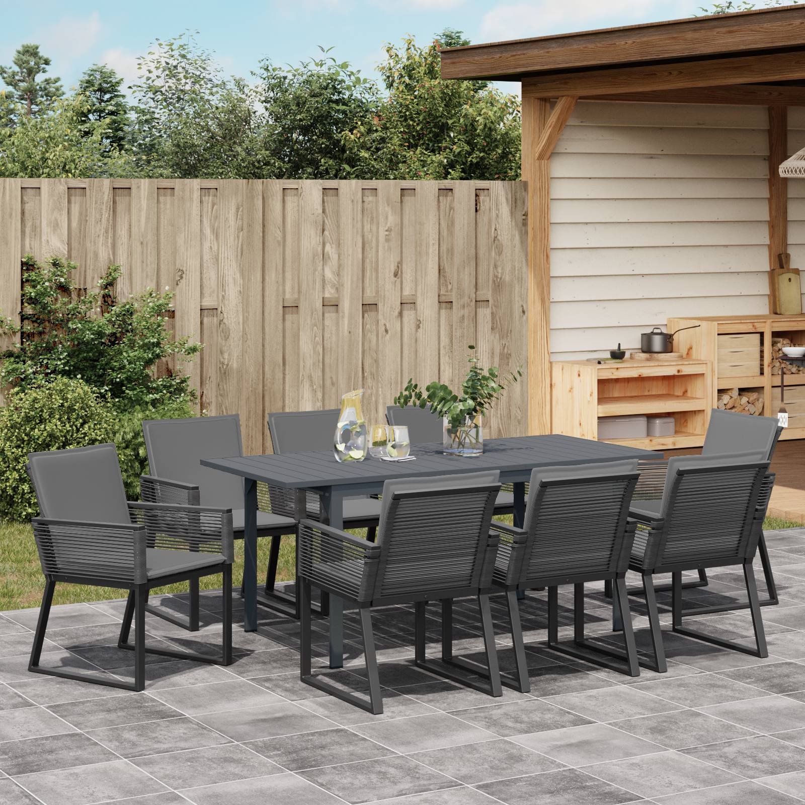 vidaXL 6-tlg. Garten-Essgruppe mit Kissen Anthrazit Stahl Poly Rattan