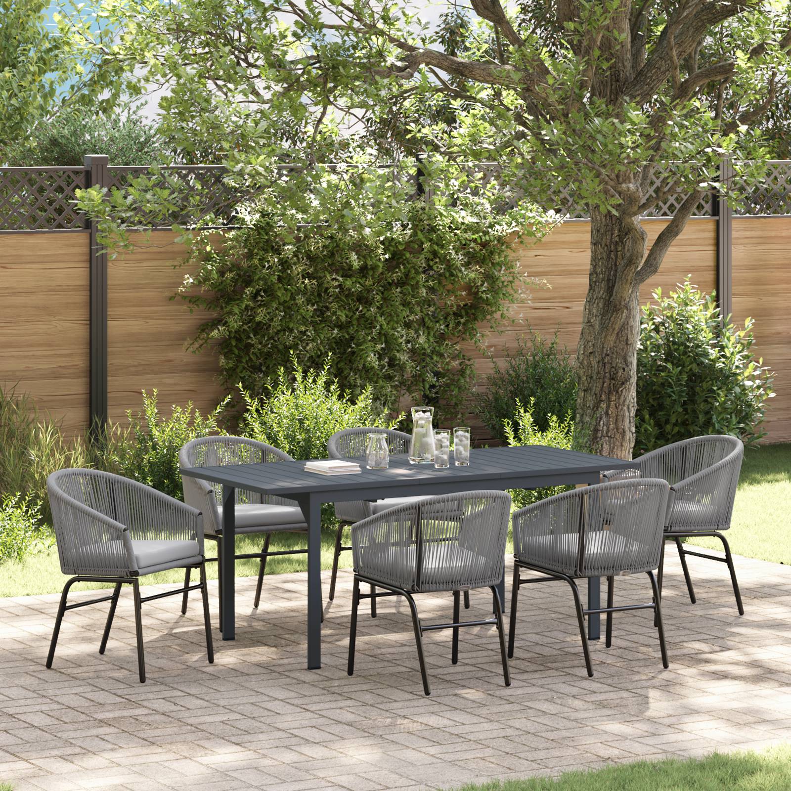 vidaXL 7-teiliges Garten-Dining Set mit Kissen in Grau Poly Rattan