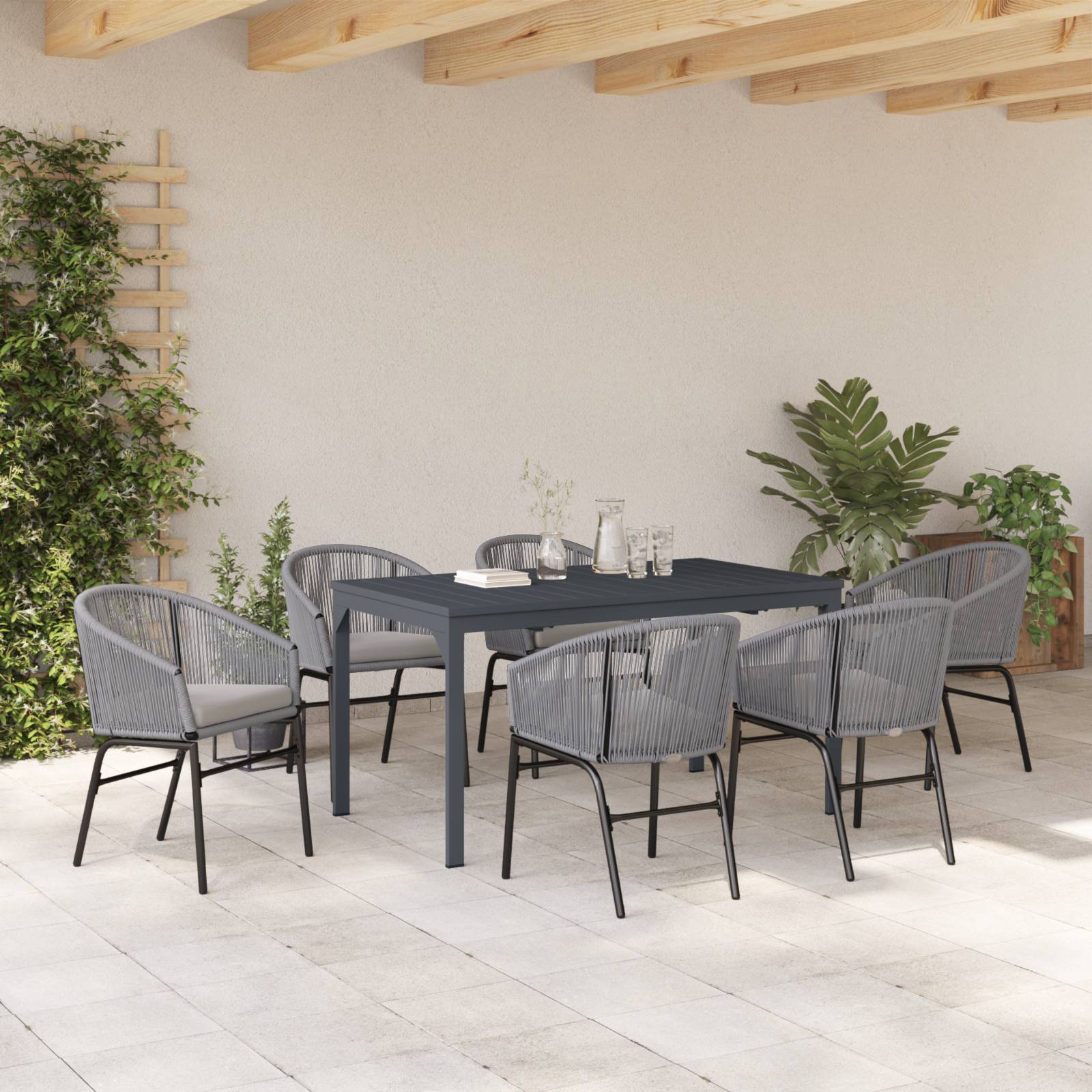 vidaXL 7-teiliges Garten-Dining Set mit Kissen in Grau Poly Rattan