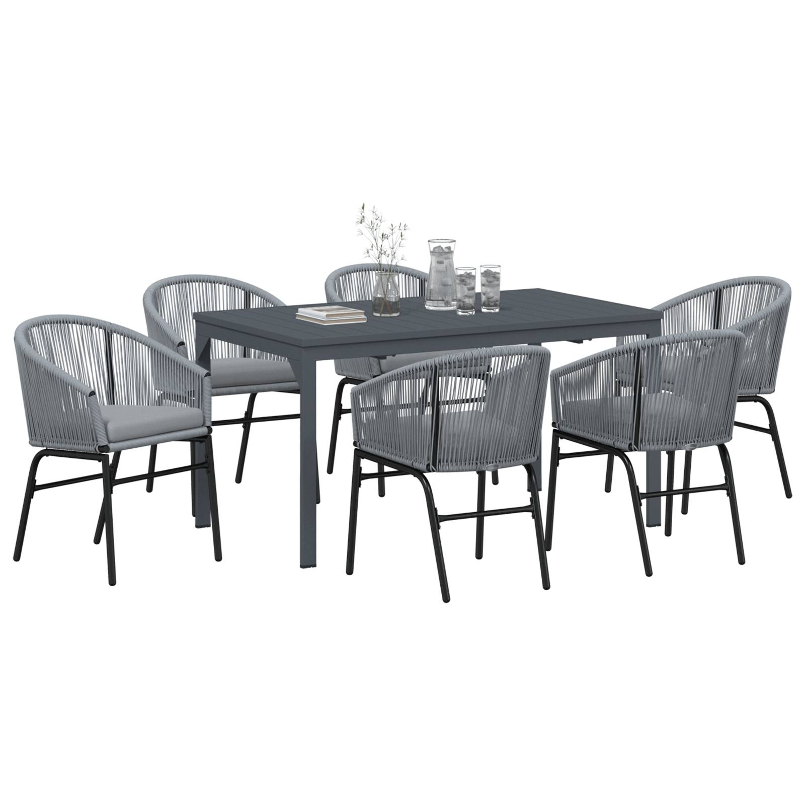 vidaXL 7-teiliges Garten-Dining Set mit Kissen in Grau Poly Rattan