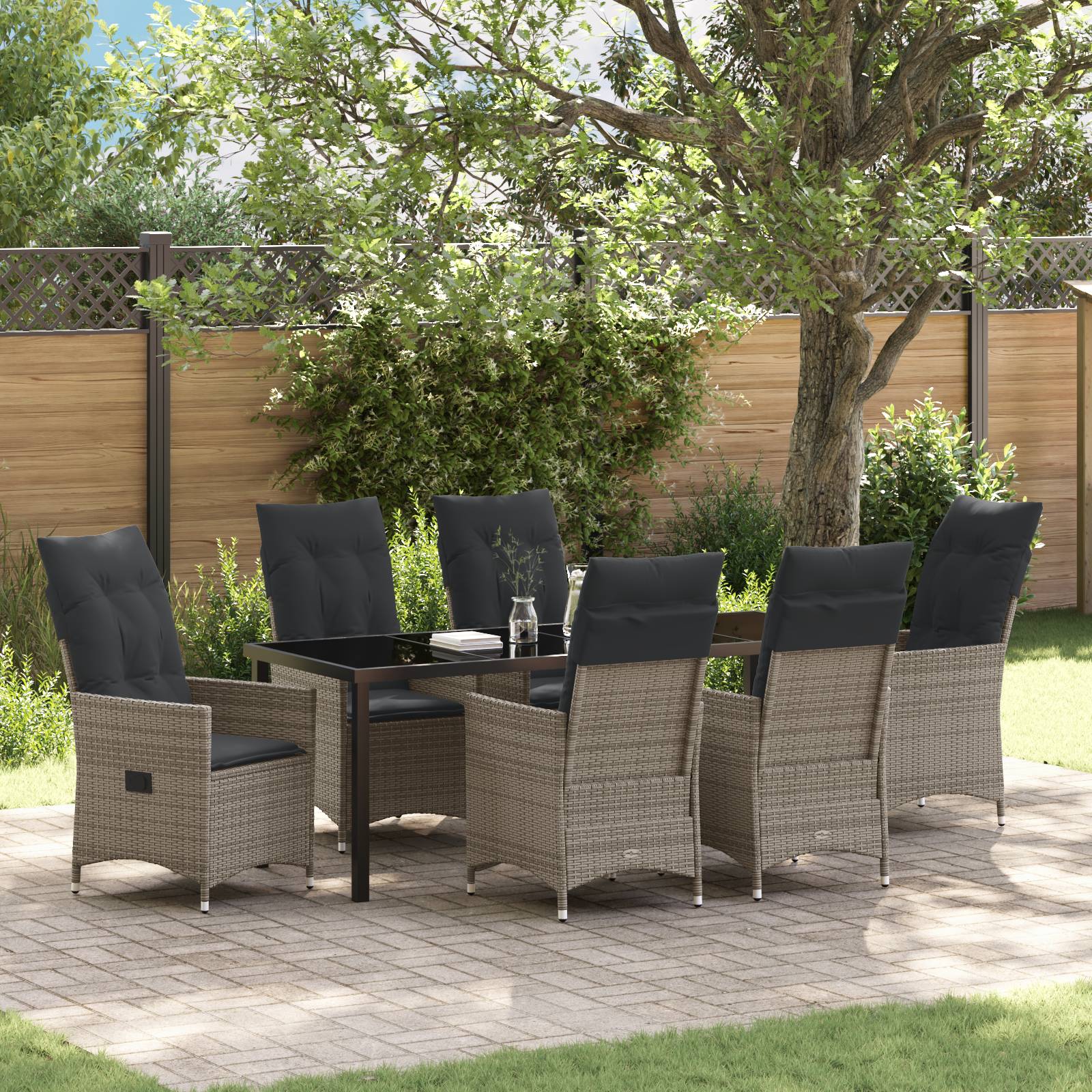 vidaXL 7-teiliges Garten-Esszimmer Set mit Kissen Grau Poly-Rattan