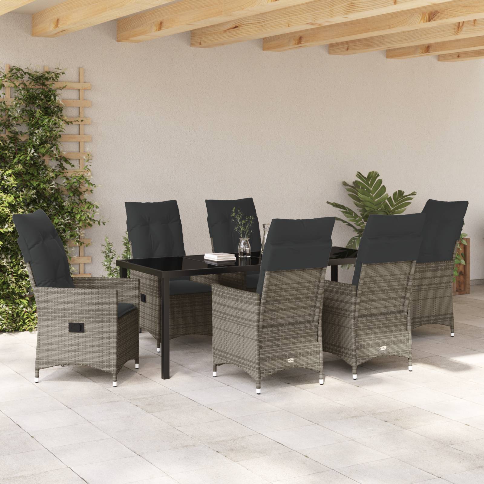 vidaXL 7-teiliges Garten-Esszimmer Set mit Kissen Grau Poly-Rattan